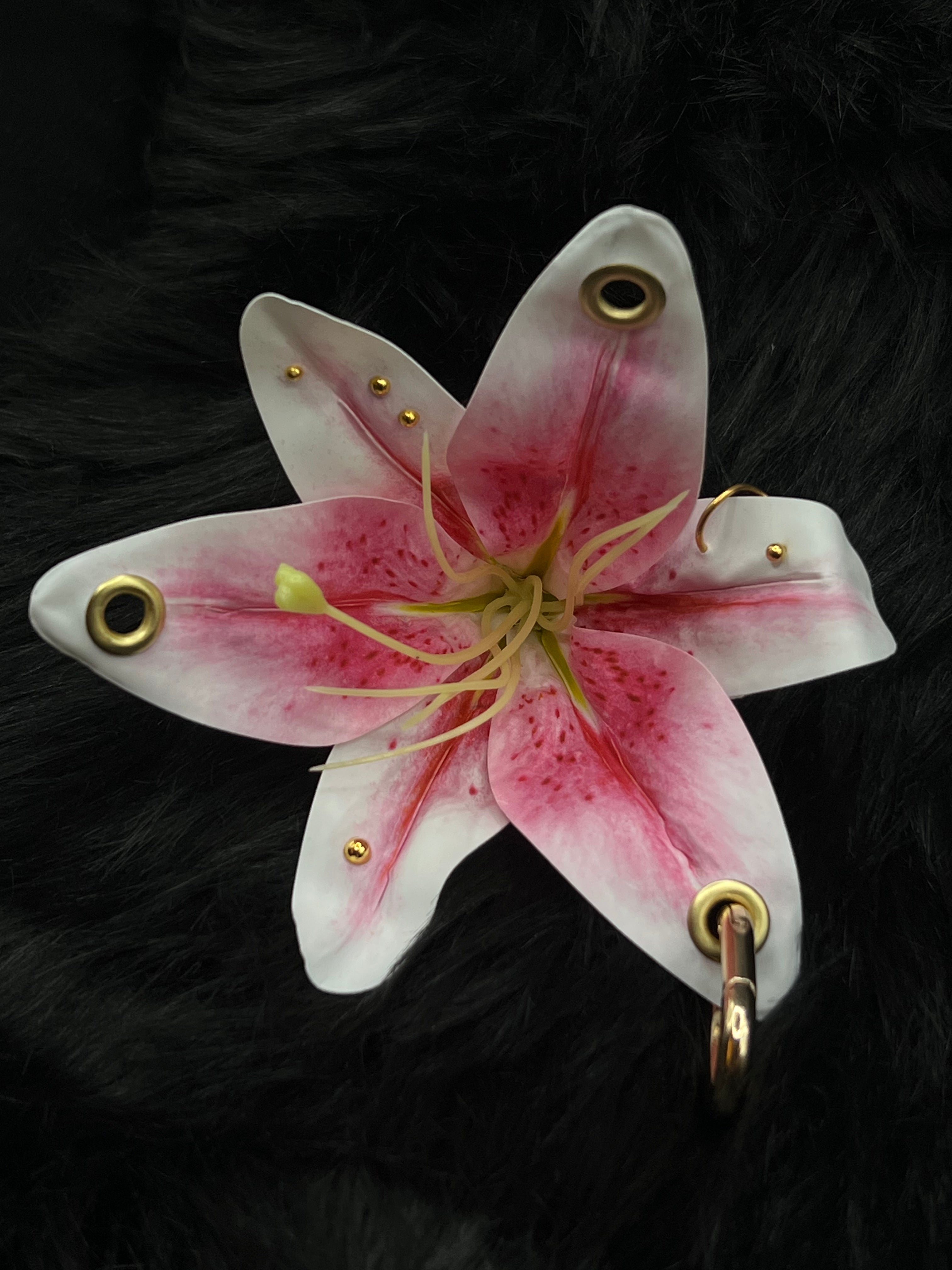 Pink Pierced Lilys Keychain with Gold Hardware – Kamira Pink Pierced Lilys Keychain with Gold Hardware – Kamira