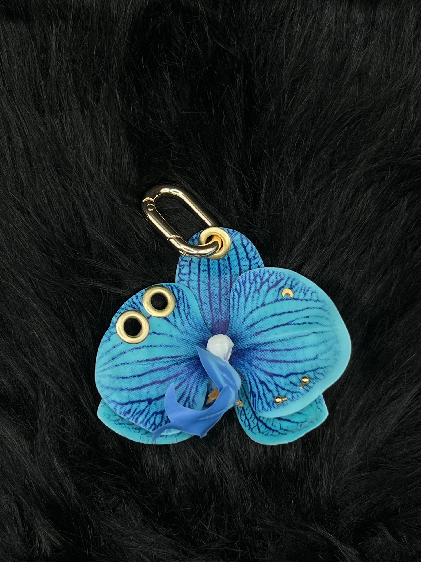 Blue Pierced Orchid Keychain With Gold Hardware