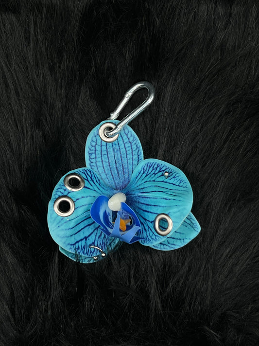 Blue Pierced Orchid Keychain With Silver Hardware