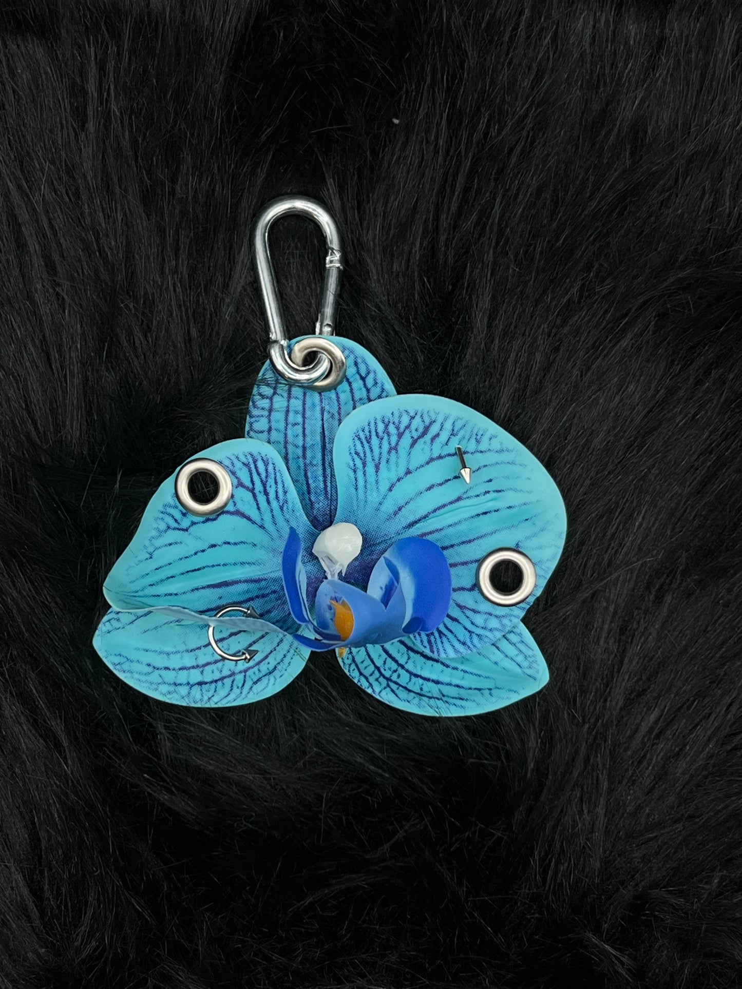Blue Pierced Orchid Keychain With Silver Hardware