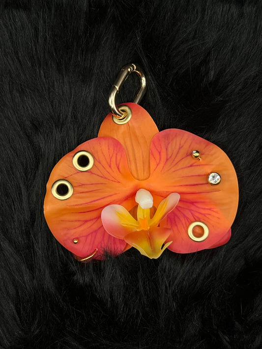 Orange Pierced Orchid Keychain With Gold Hardware
