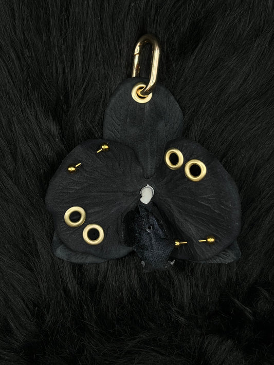 Black Pierced Orchid Keychain With Gold Hardware