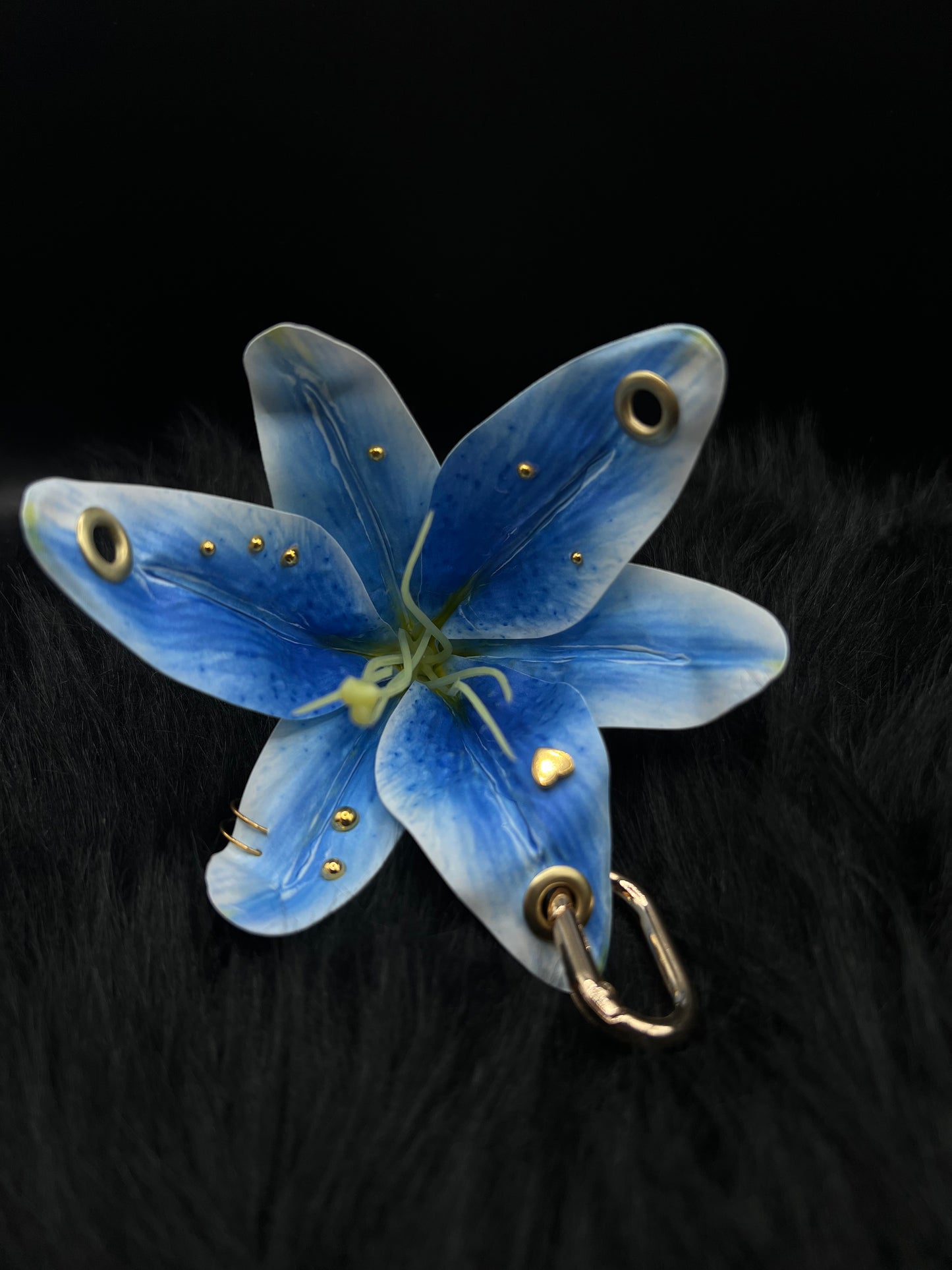 Blue Pierced Lilys Keychain with Gold Hardware
