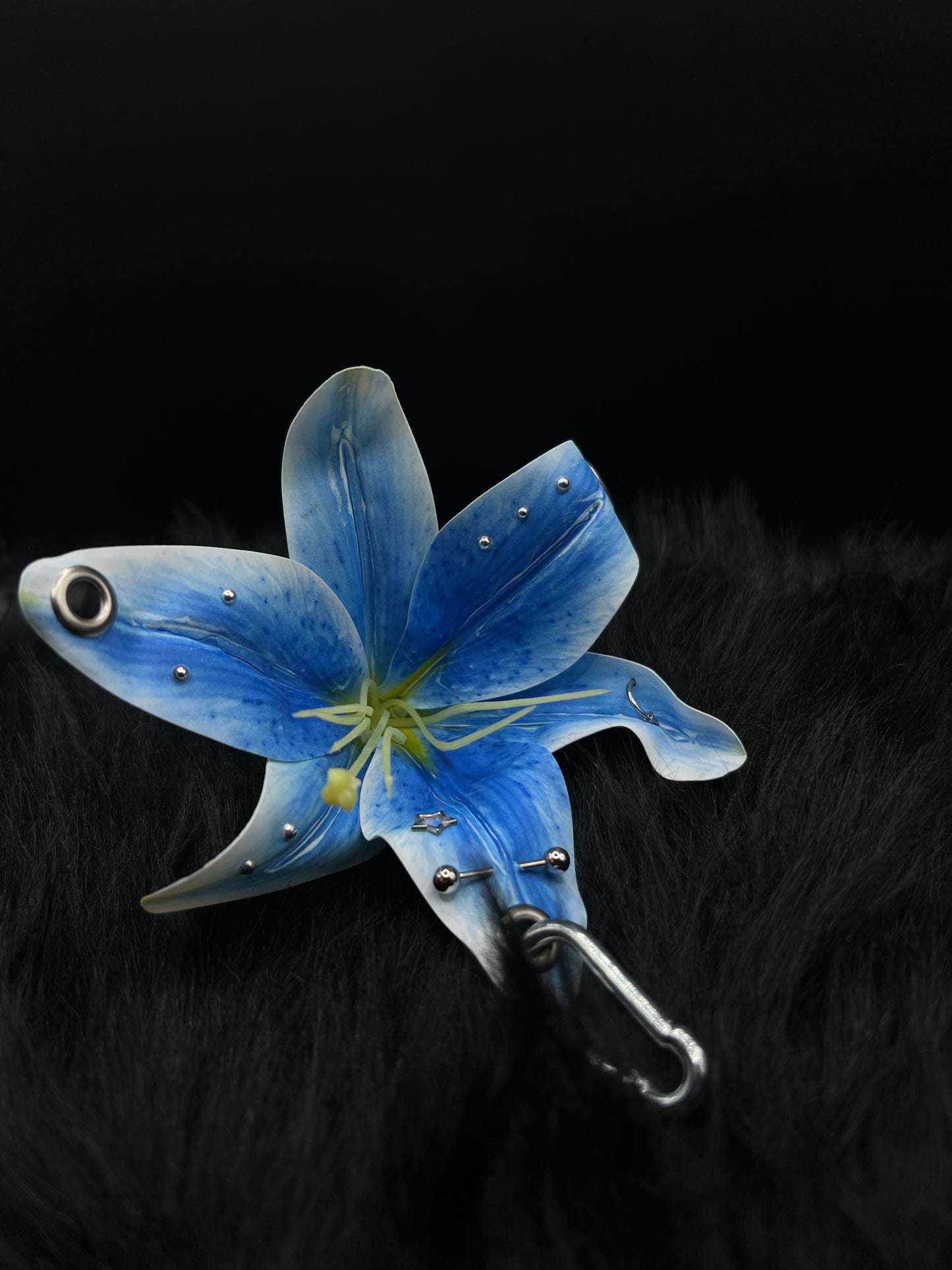 Blue Pierced Lilys Keychain with Silver Hardware