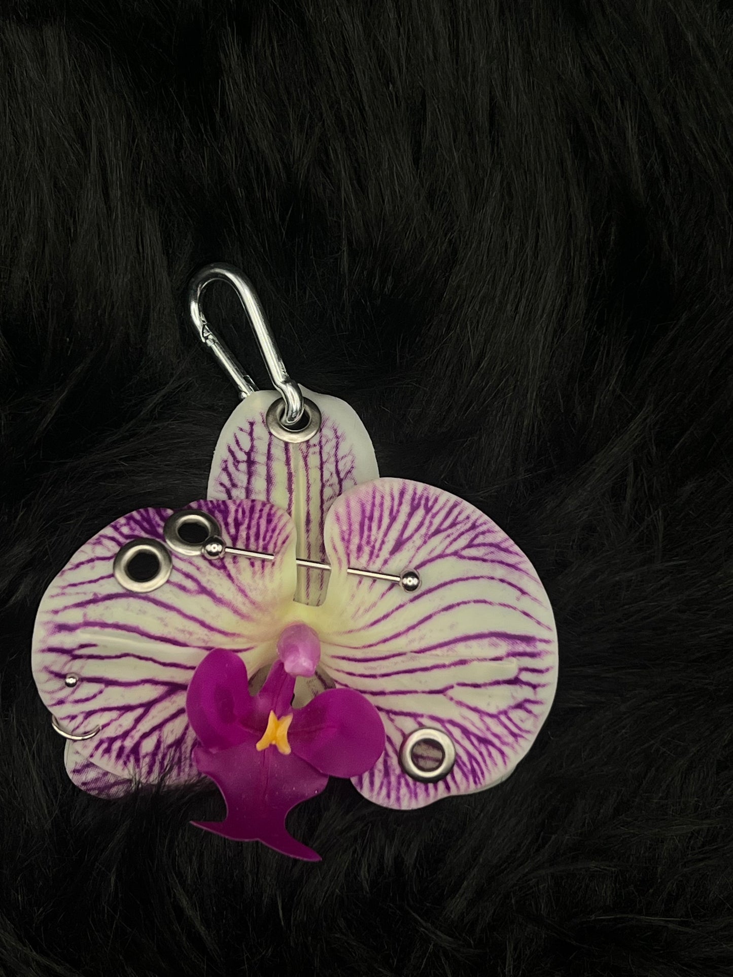 Purple Pierced Orchid Keychain With Silver Hardware