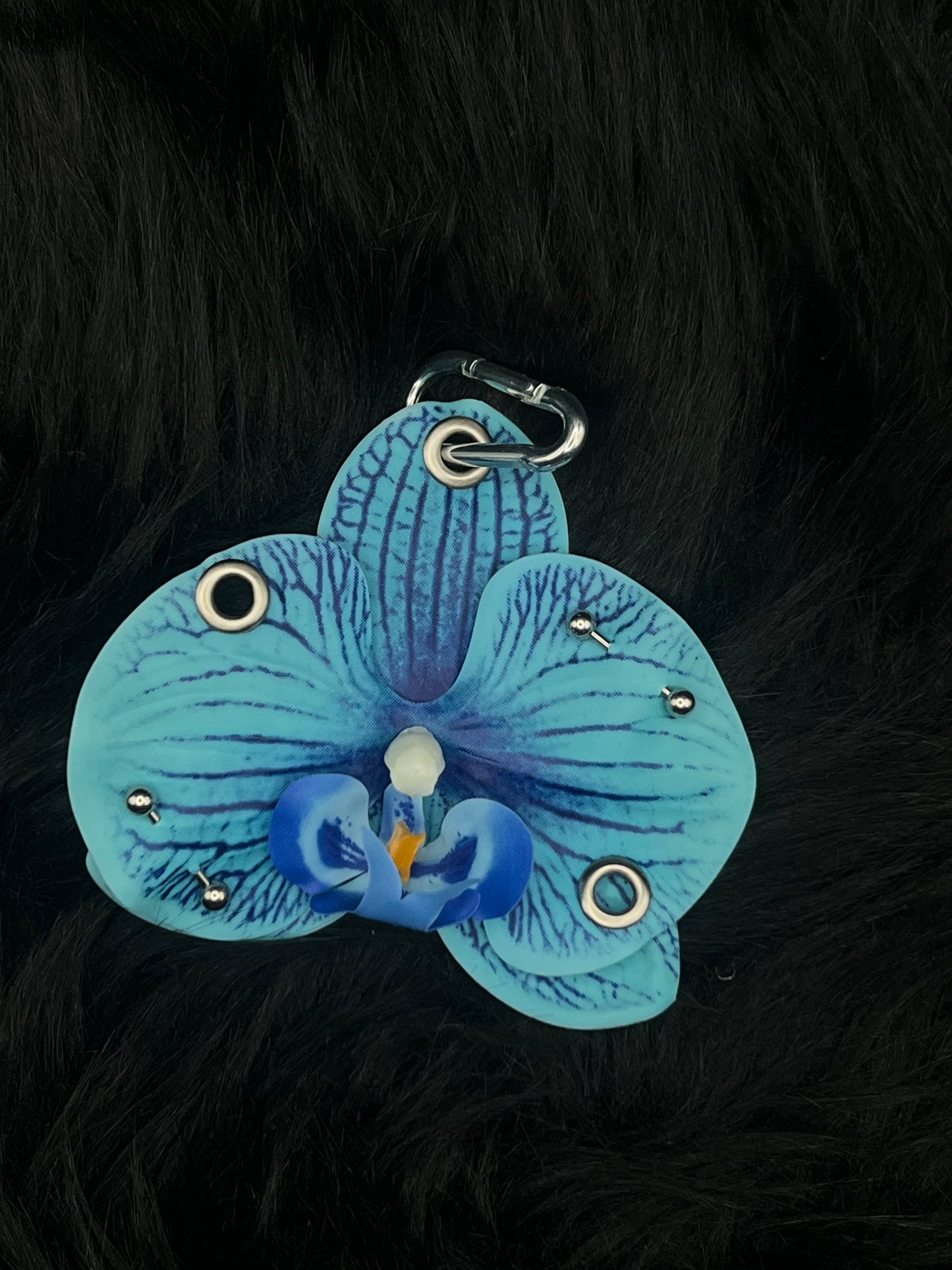 Blue Pierced Orchid Keychain With Silver Hardware