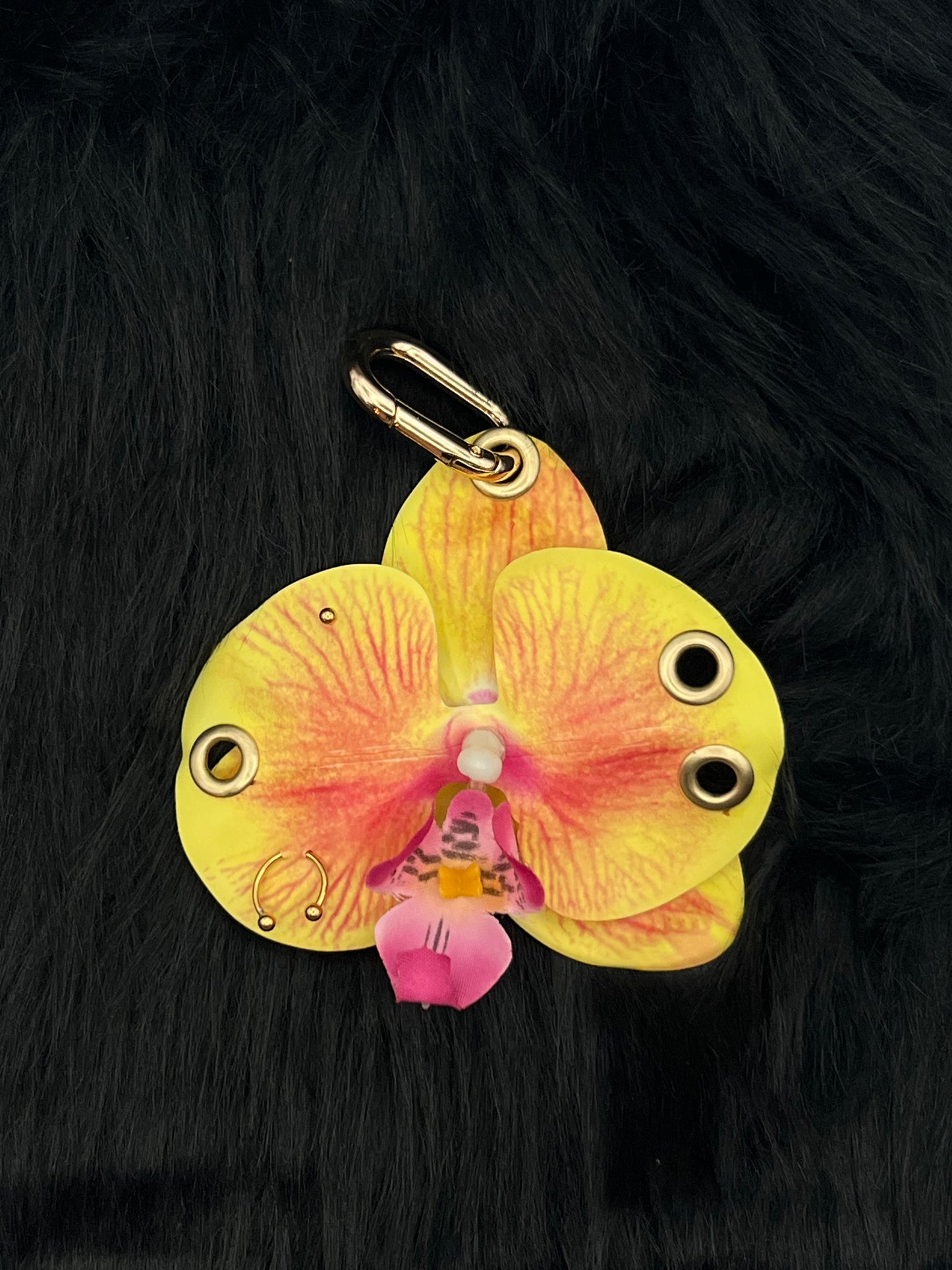 Yellow Pierced Orchid Keychain With Gold Hardware