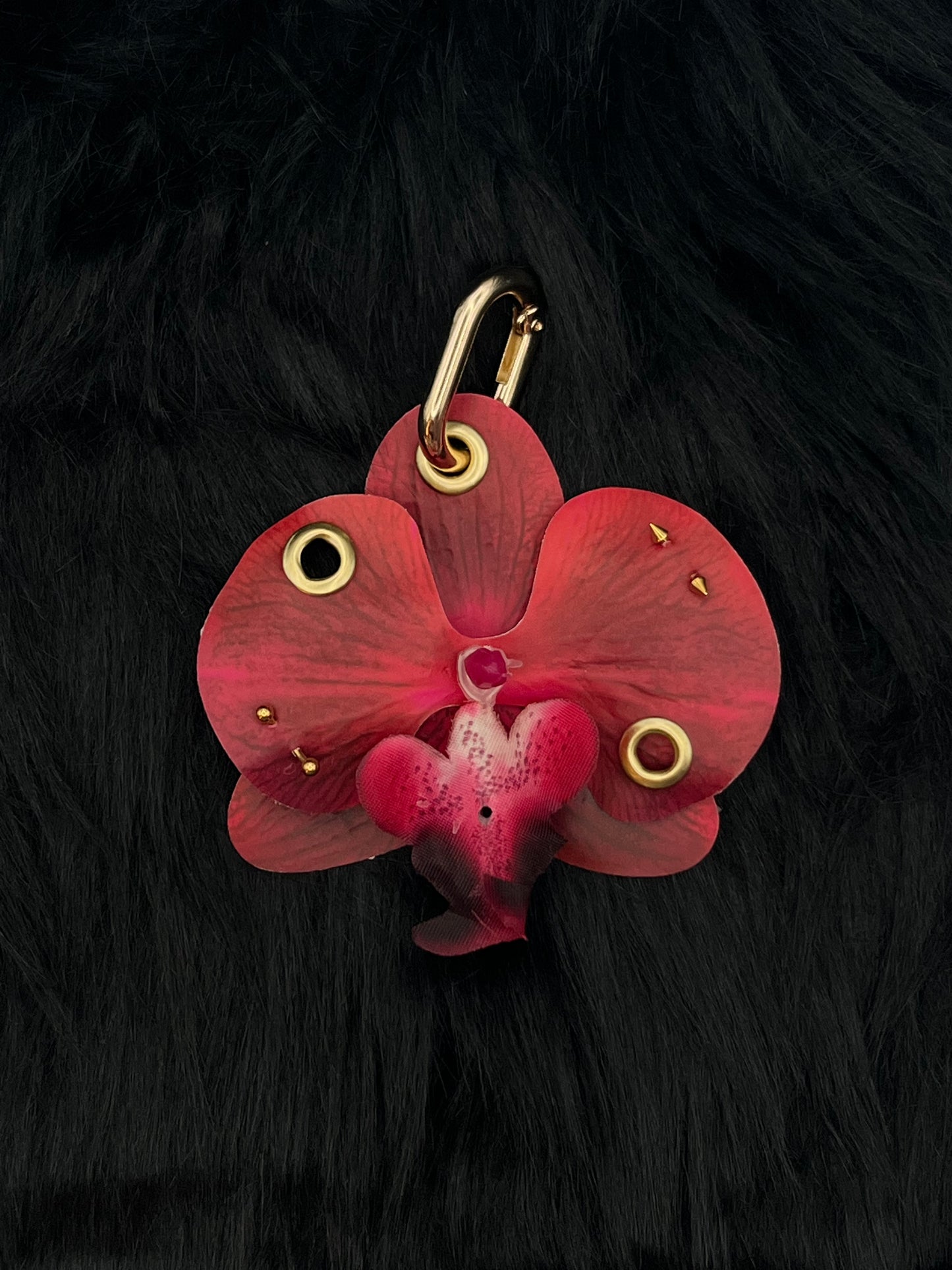 Red Pierced Orchid Keychain With Gold Hardware