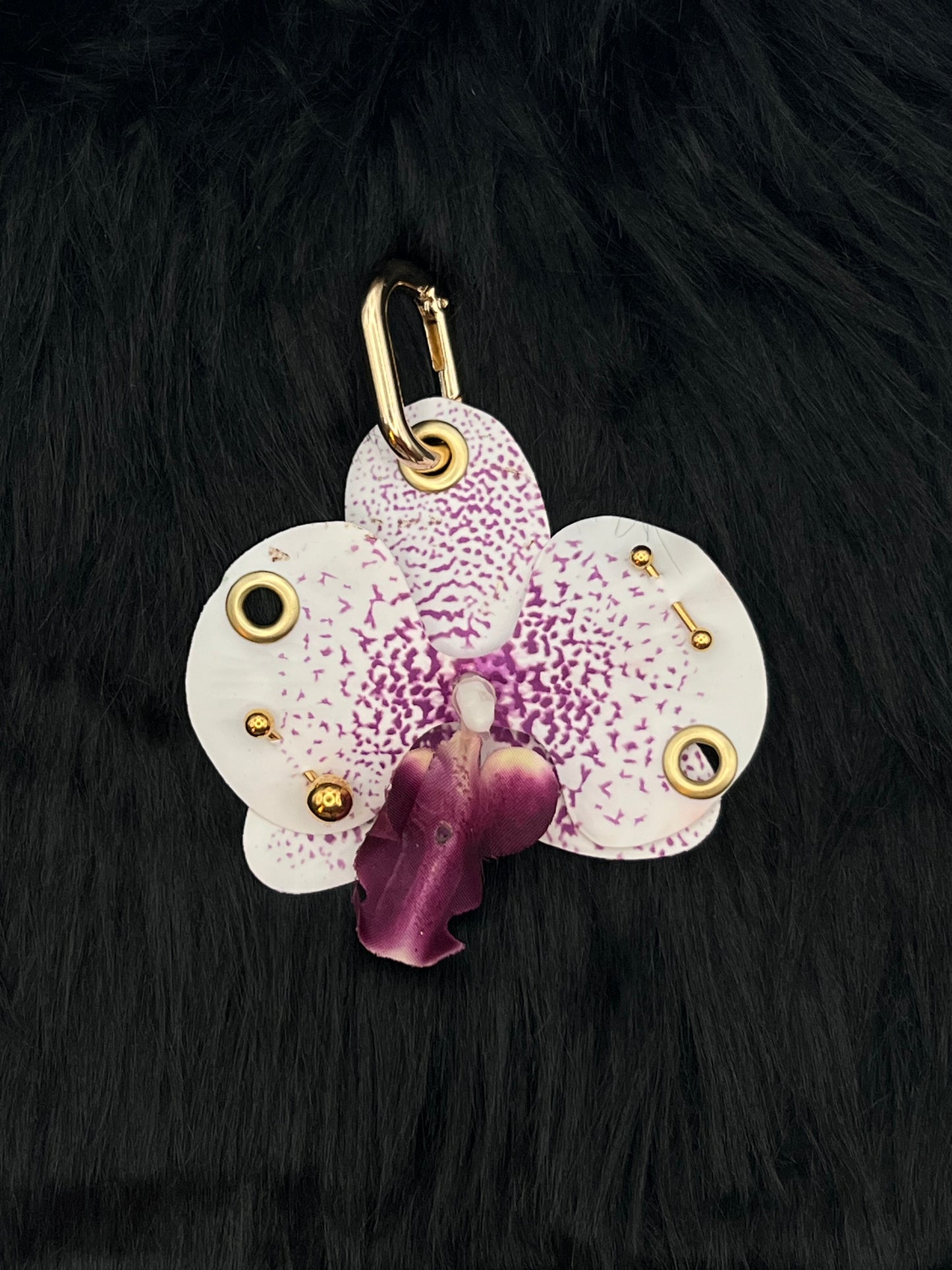 Purple and White Pierced Orchid Keychain With Gold Hardware