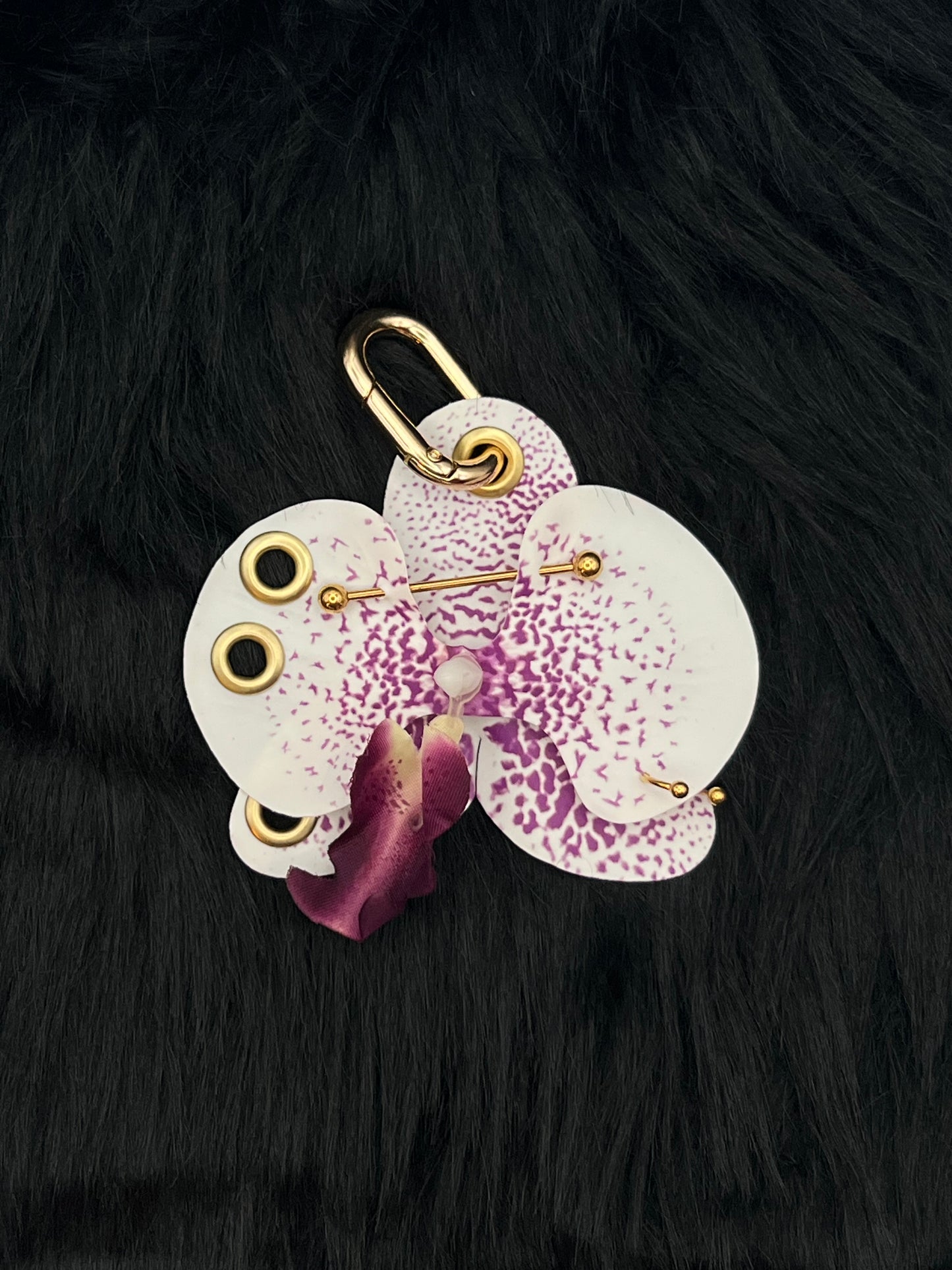 Purple and White Pierced Orchid Keychain With Gold Hardware