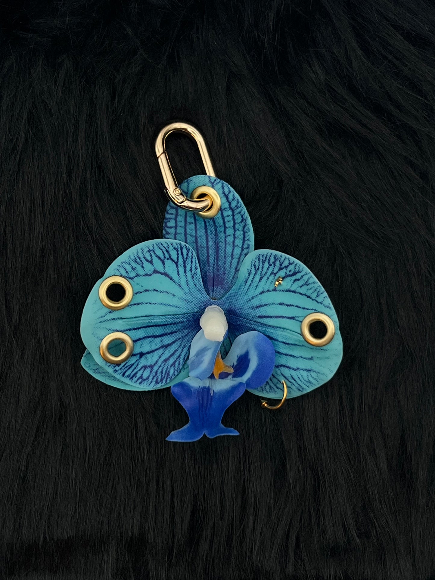 Blue Pierced Orchid Keychain With Gold Hardware