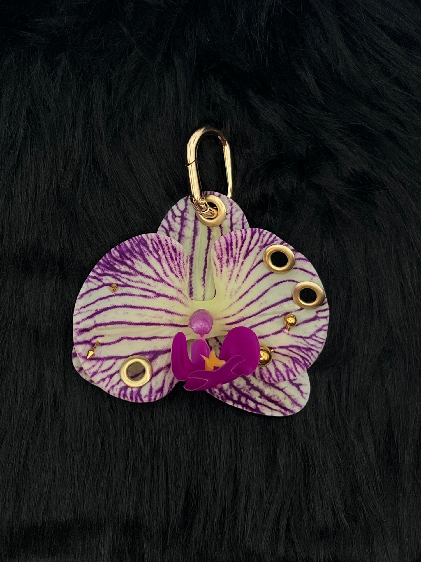Purple and White Pierced Orchid Keychain With Gold Hardware