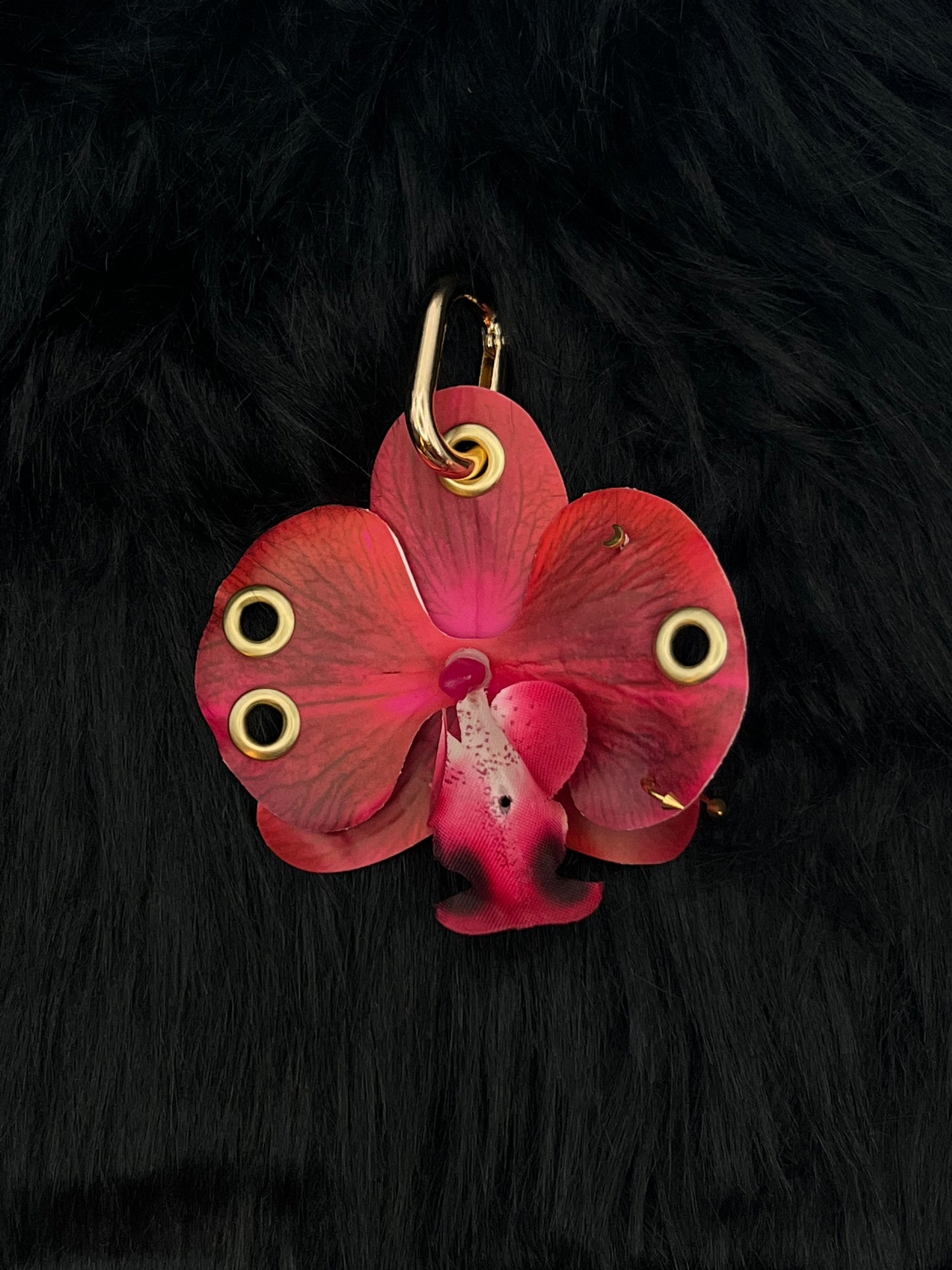 Red Pierced Orchid Keychain With Gold Hardware