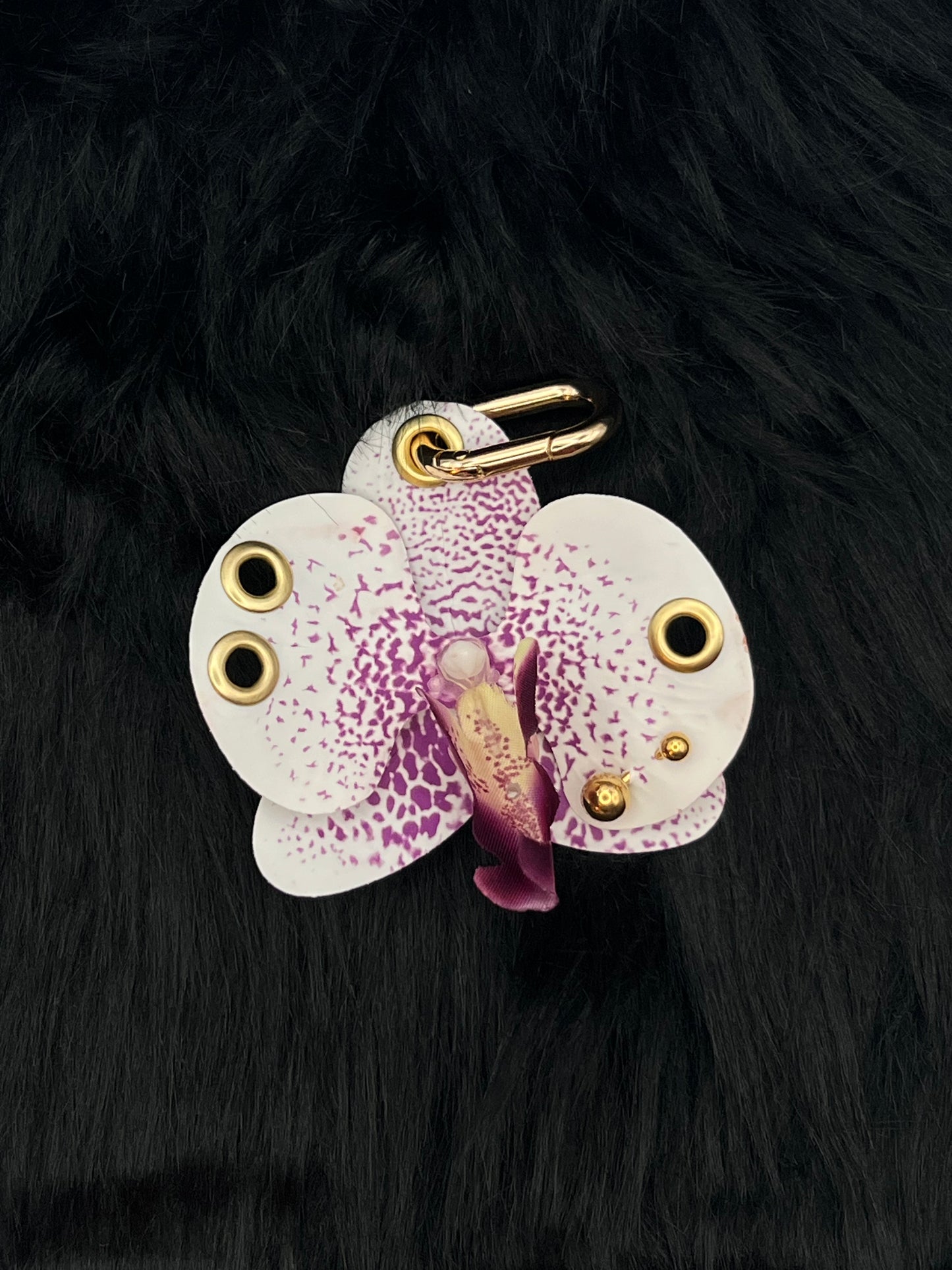 Purple and White Pierced Orchid Keychain With Gold Hardware