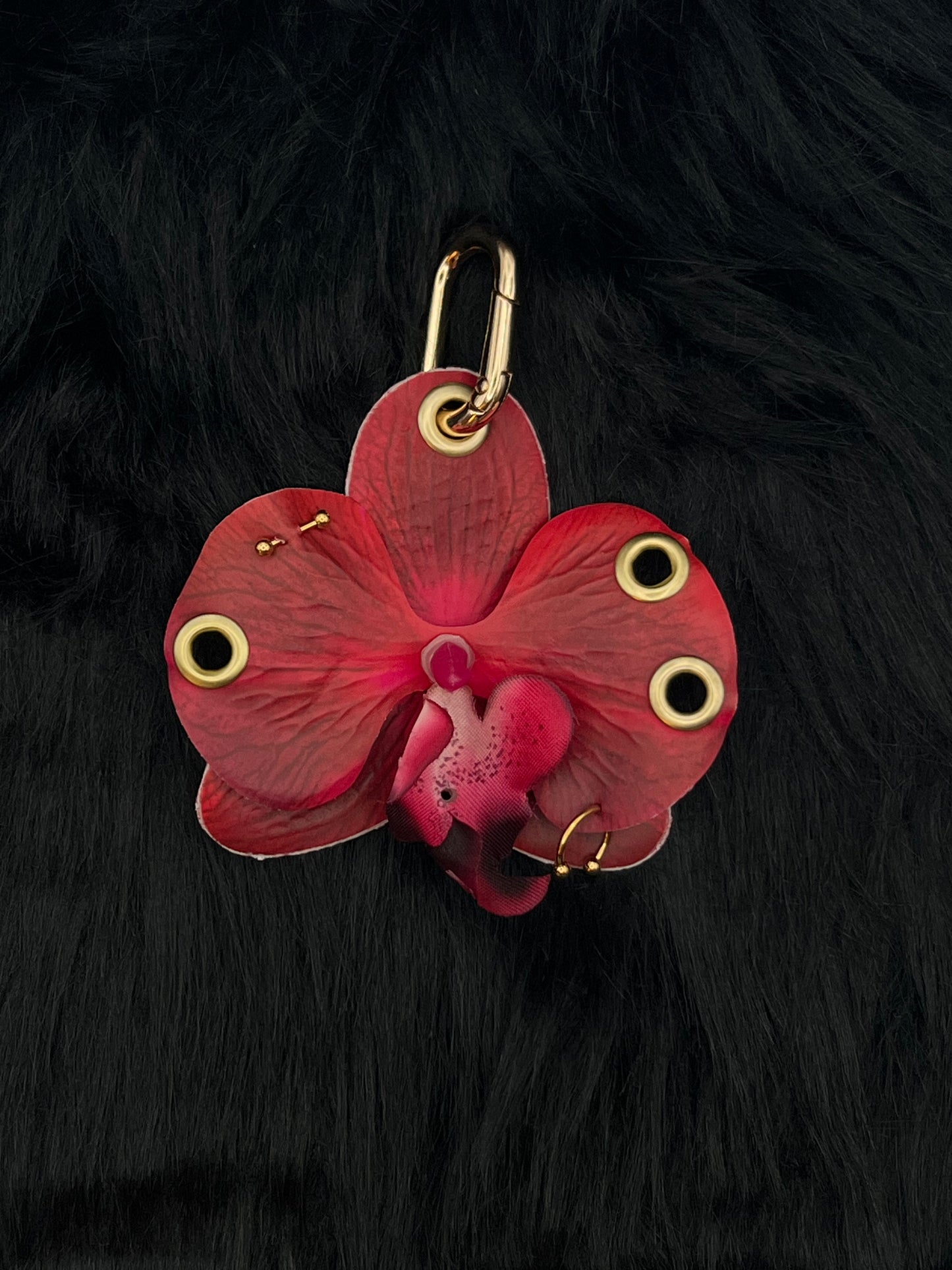 Red Pierced Orchid Keychain With Gold Hardware