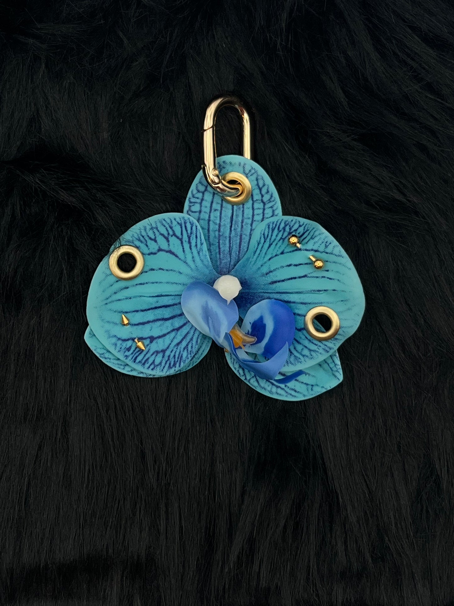 Blue Pierced Orchid Keychain With Gold Hardware