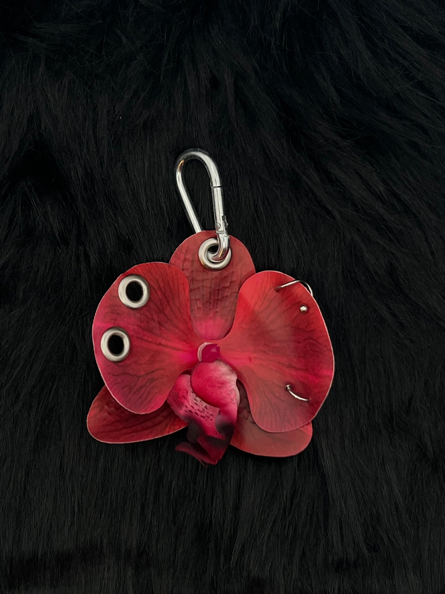 Red Pierced Orchid Keychain With Silver Hardware
