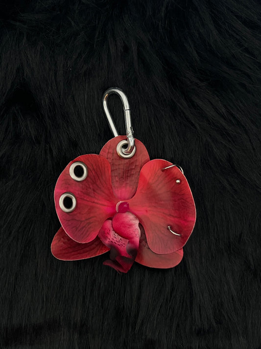 Red Pierced Orchid Keychain With Silver Hardware