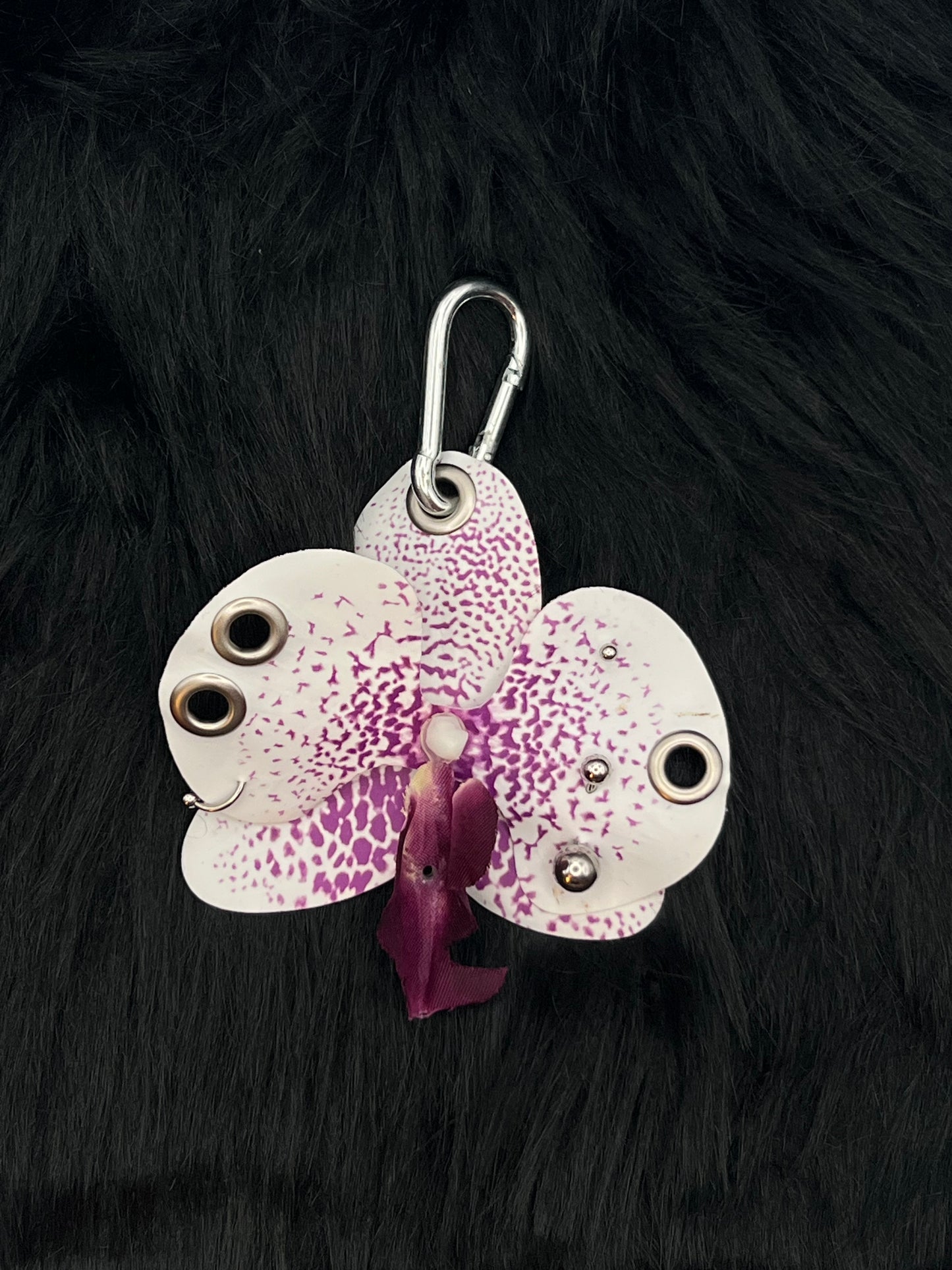 Purple and White Pierced Orchid Keychain With Silver Hardware