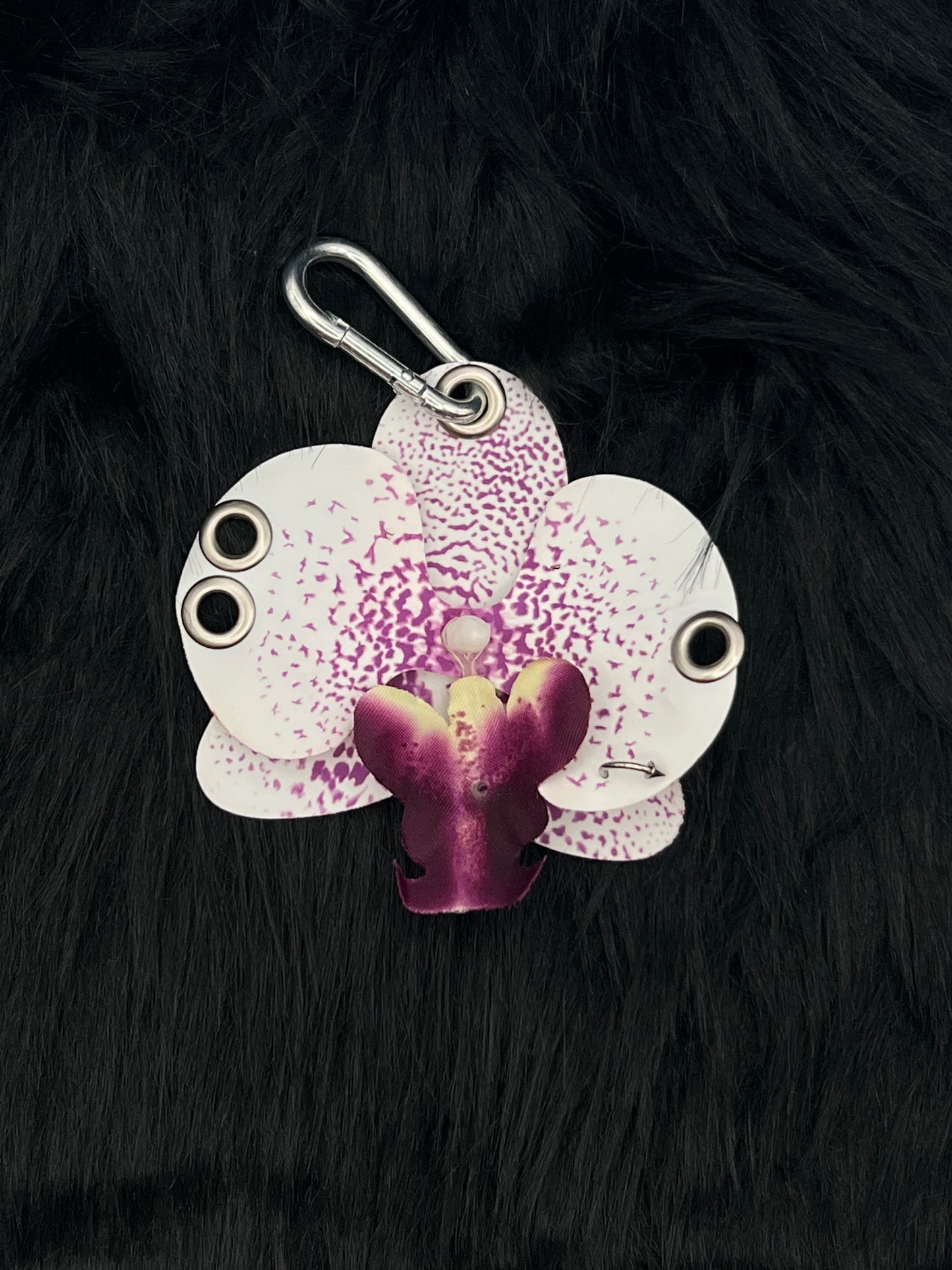 Purple and White Pierced Orchid Keychain With Silver Hardware