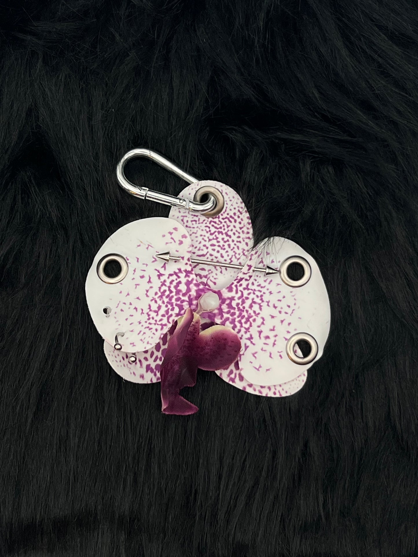 Purple and White Pierced Orchid Keychain With Silver Hardware