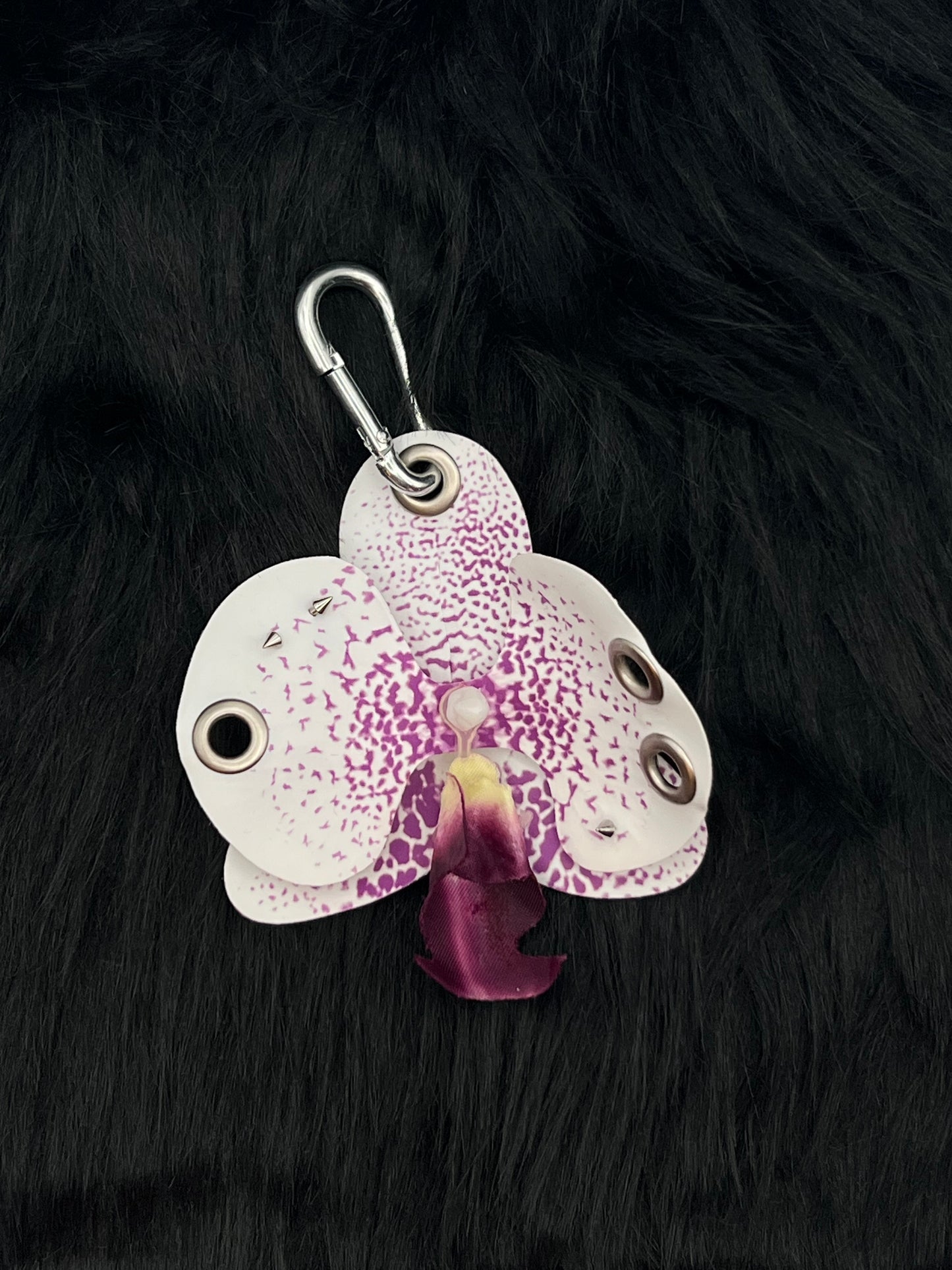 Purple and White Pierced Orchid Keychain With Silver Hardware