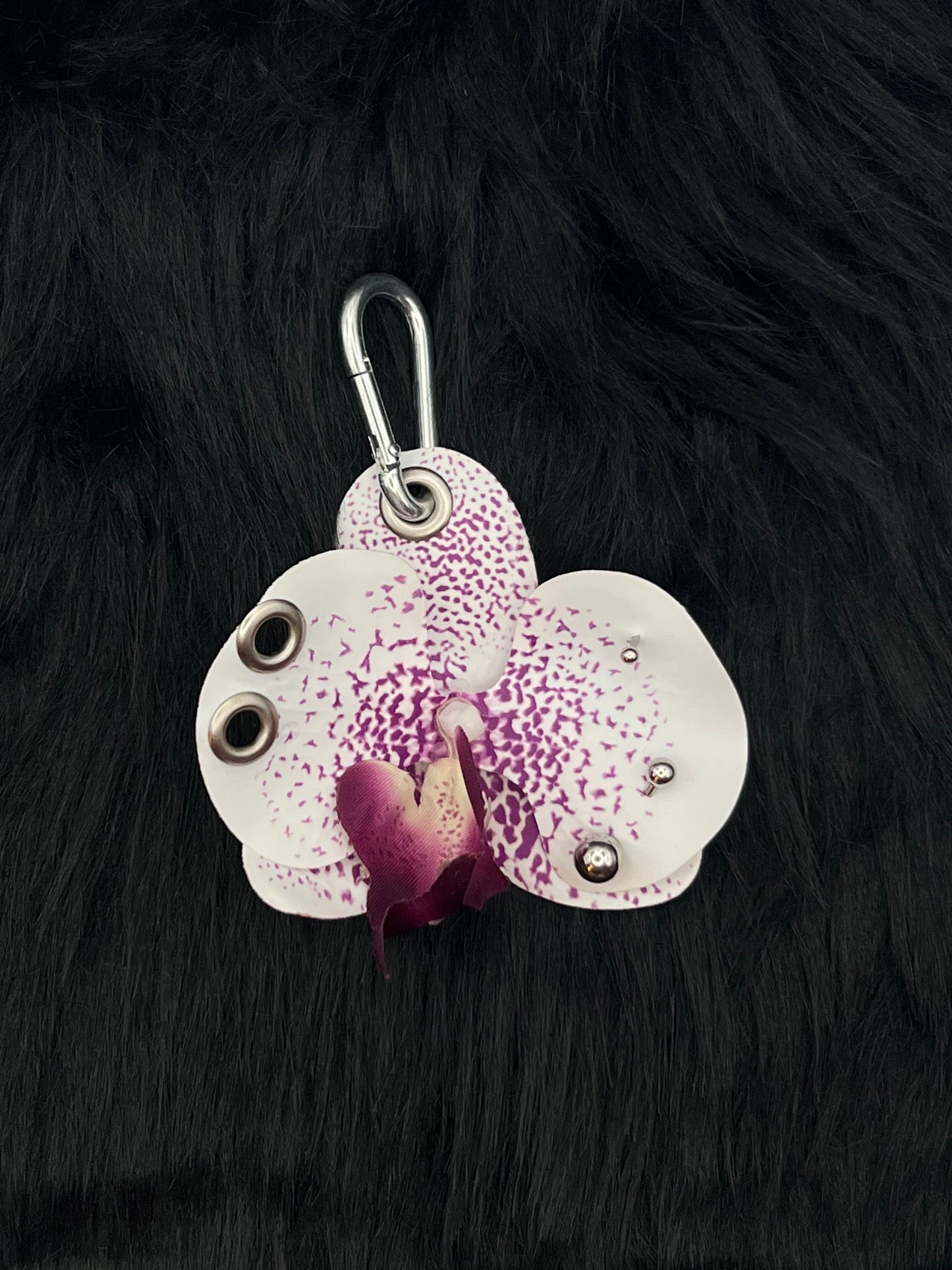 Purple and White Pierced Orchid Keychain With Silver Hardware