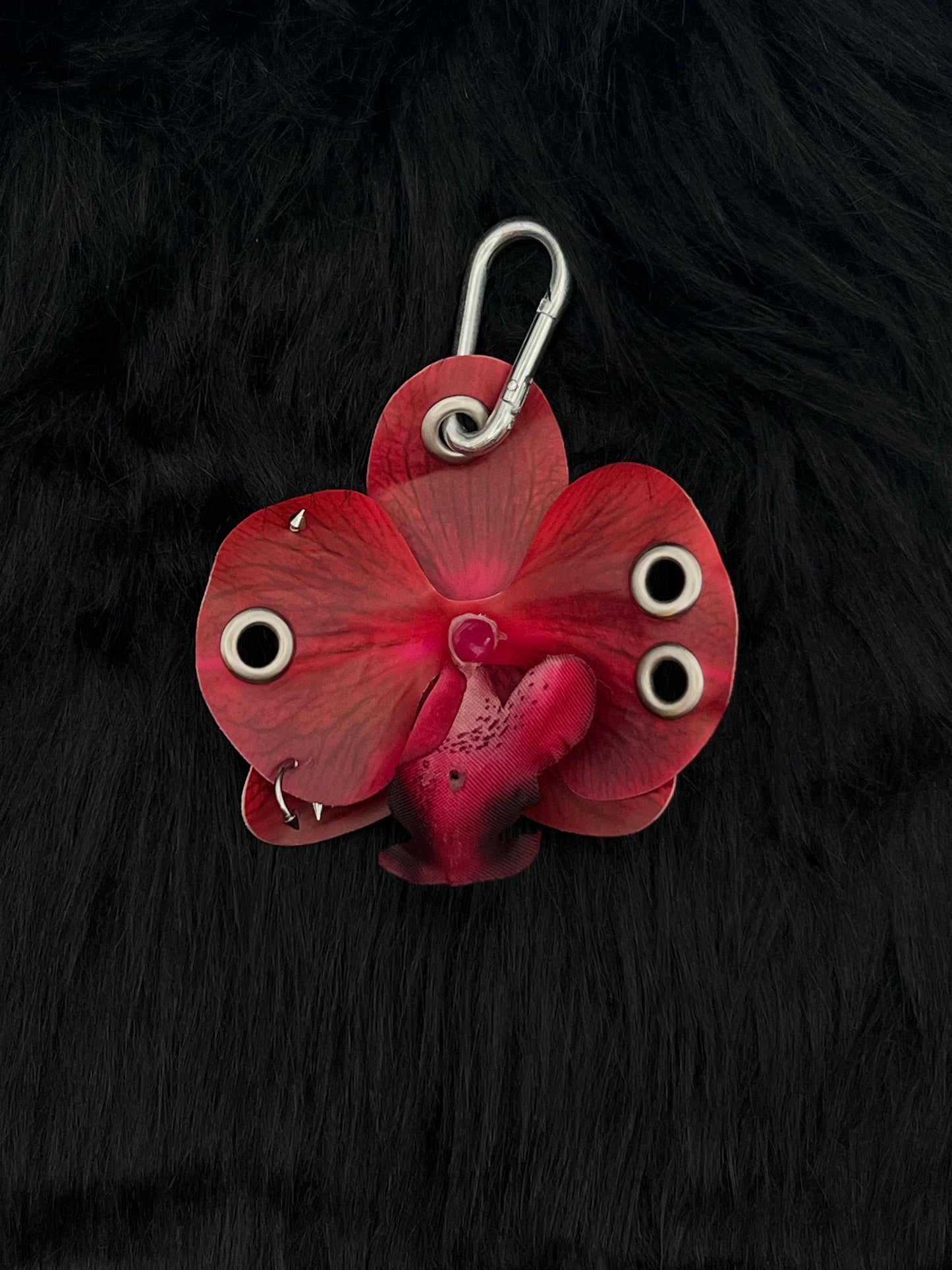 Red Pierced Orchid Keychain With Silver Hardware