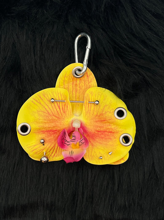 Yellow Pierced Orchid Keychain With Silver Hardware