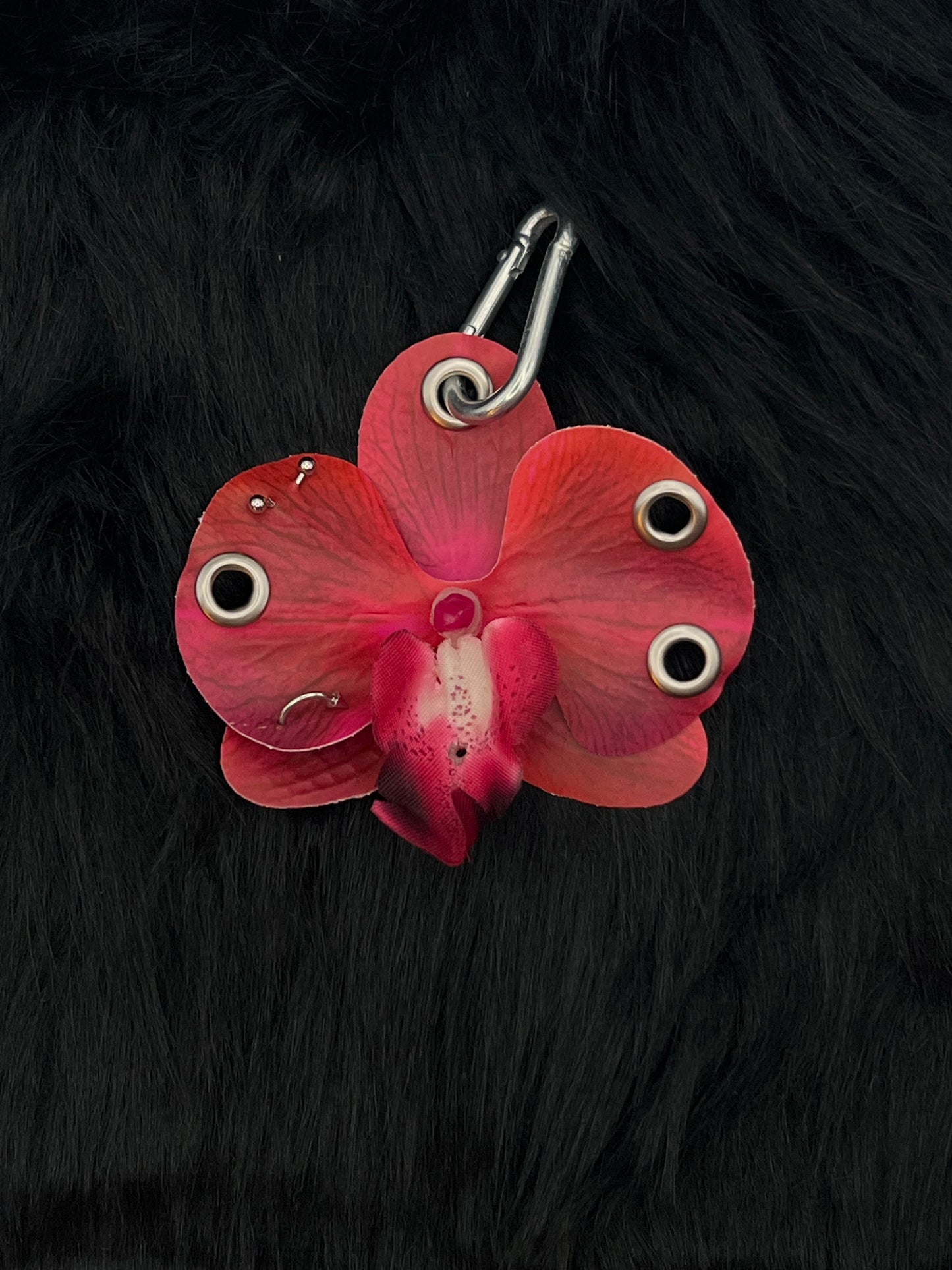 Red Pierced Orchid Keychain With Silver Hardware