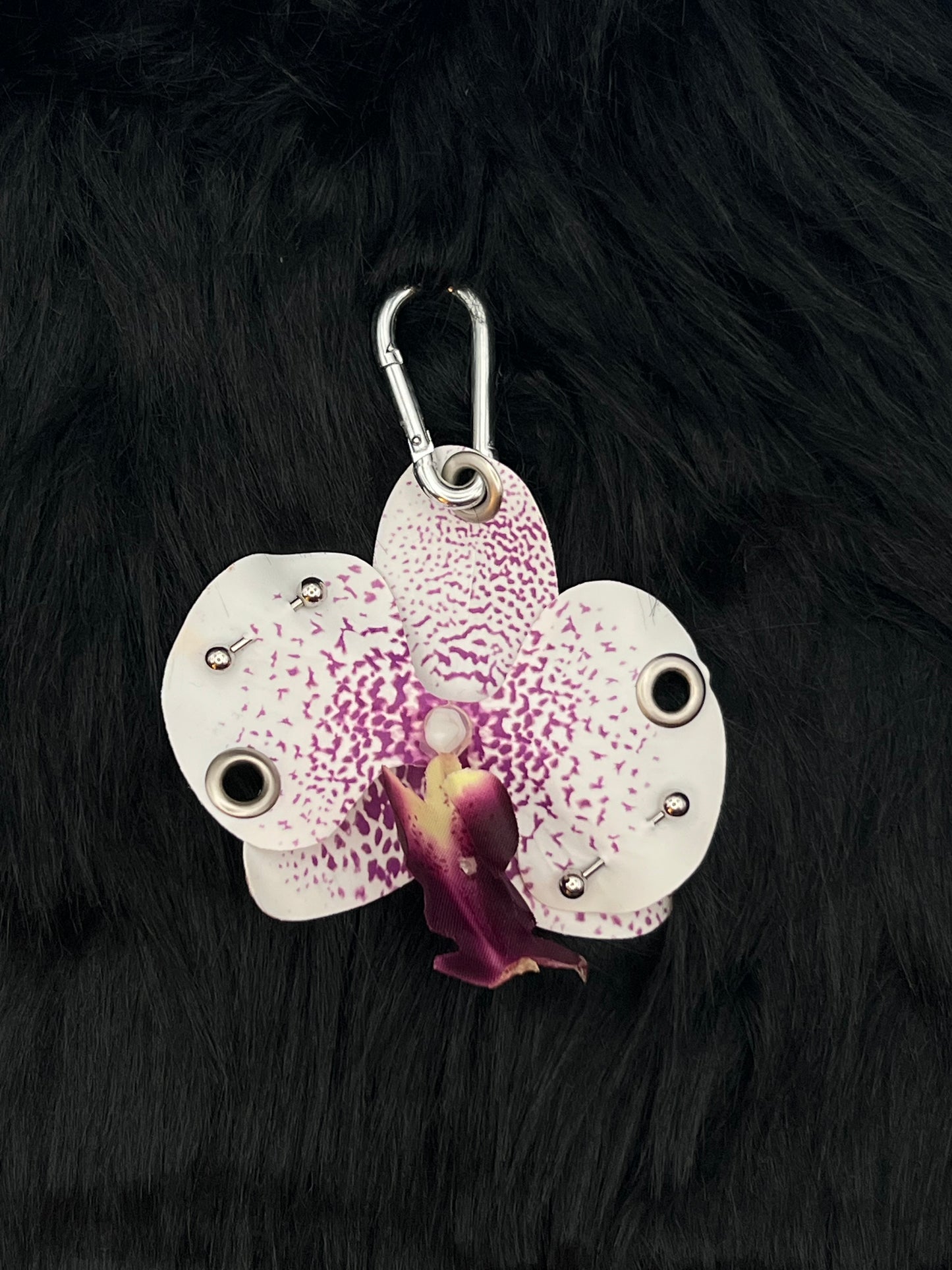 Purple and White Pierced Orchid Keychain With Silver Hardware
