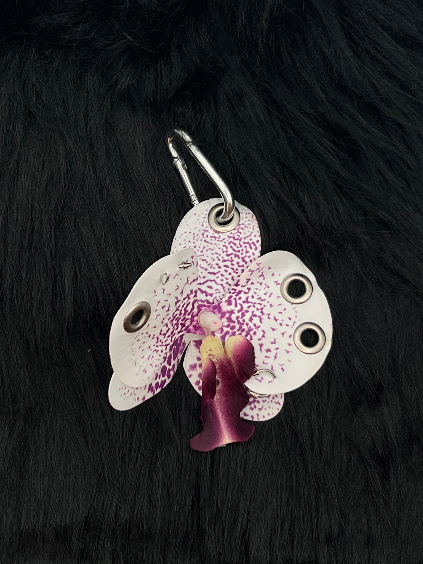 Purple and White Pierced Orchid Keychain With Silver Hardware