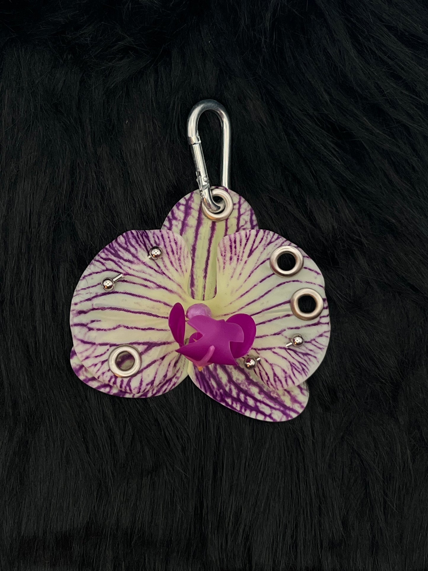 Purple and White Pierced Orchid Keychain With Silver Hardware