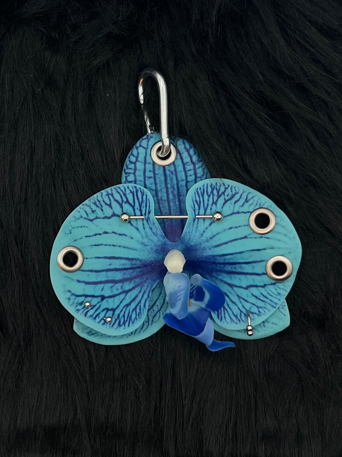 Blue Pierced Orchid Keychain With Silver Hardware