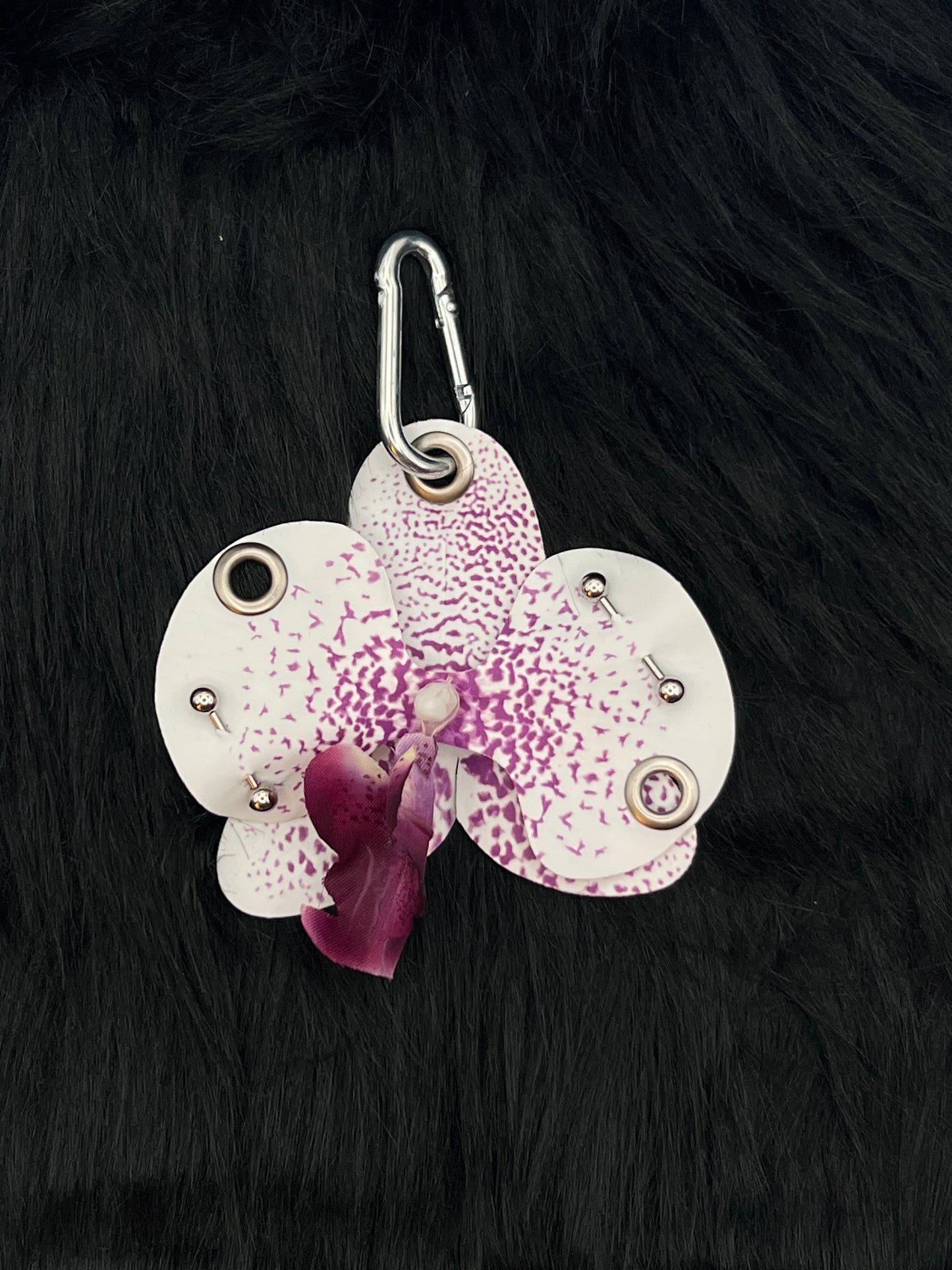 Purple and White Pierced Orchid Keychain With Silver Hardware