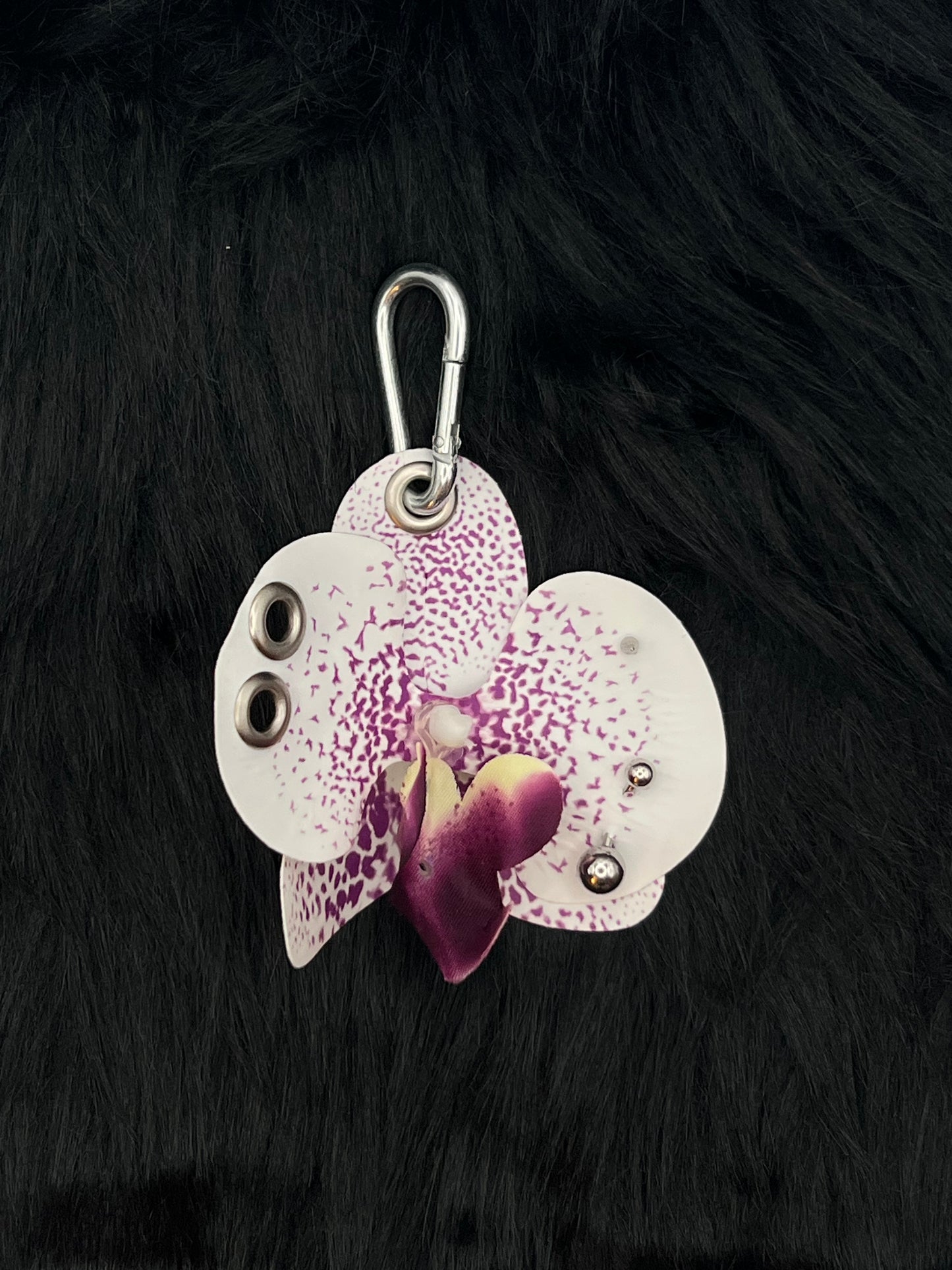 Purple and White Pierced Orchid Keychain With Silver Hardware
