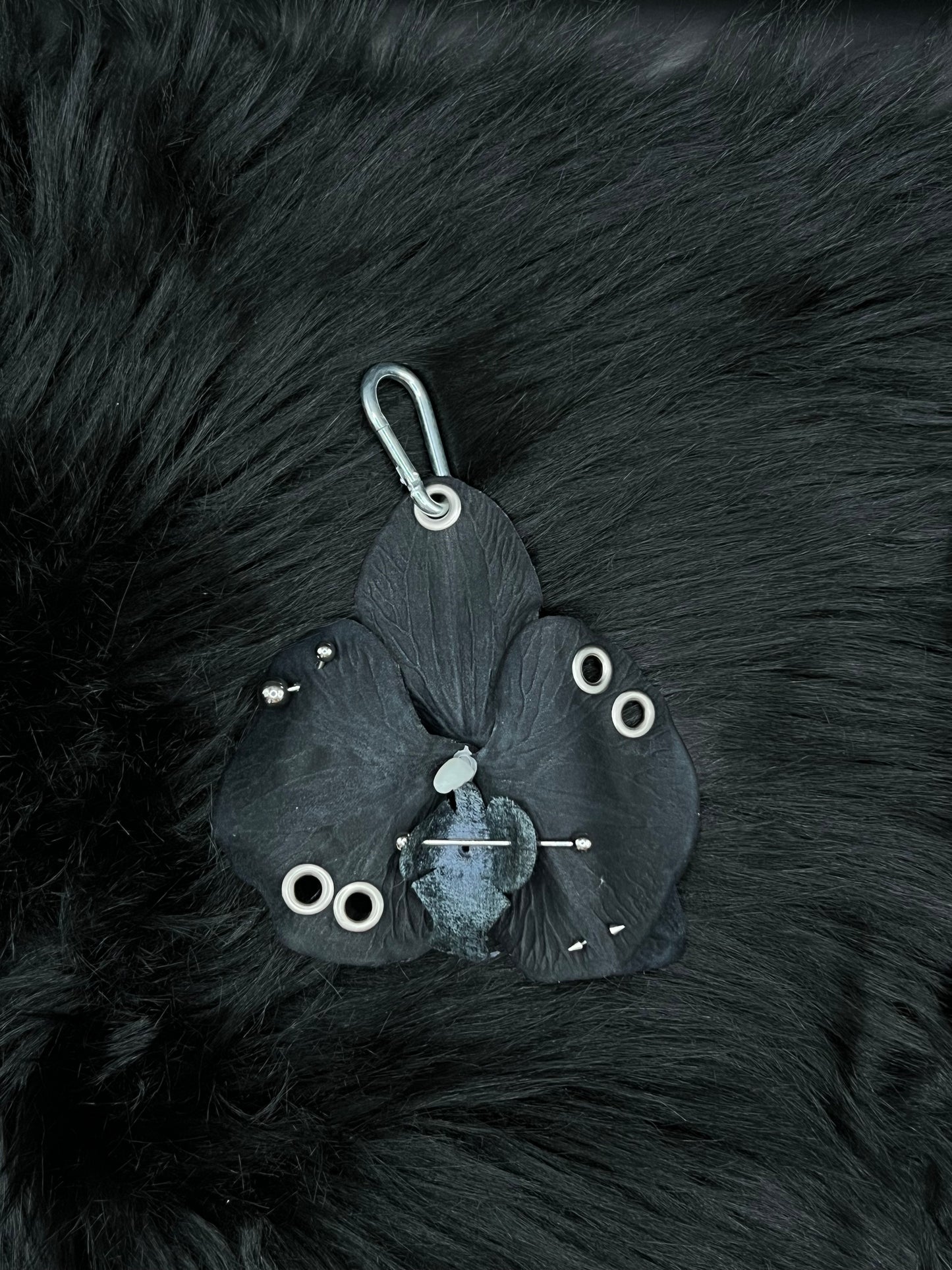 Black Pierced Orchid Keychain With Silver Hardware