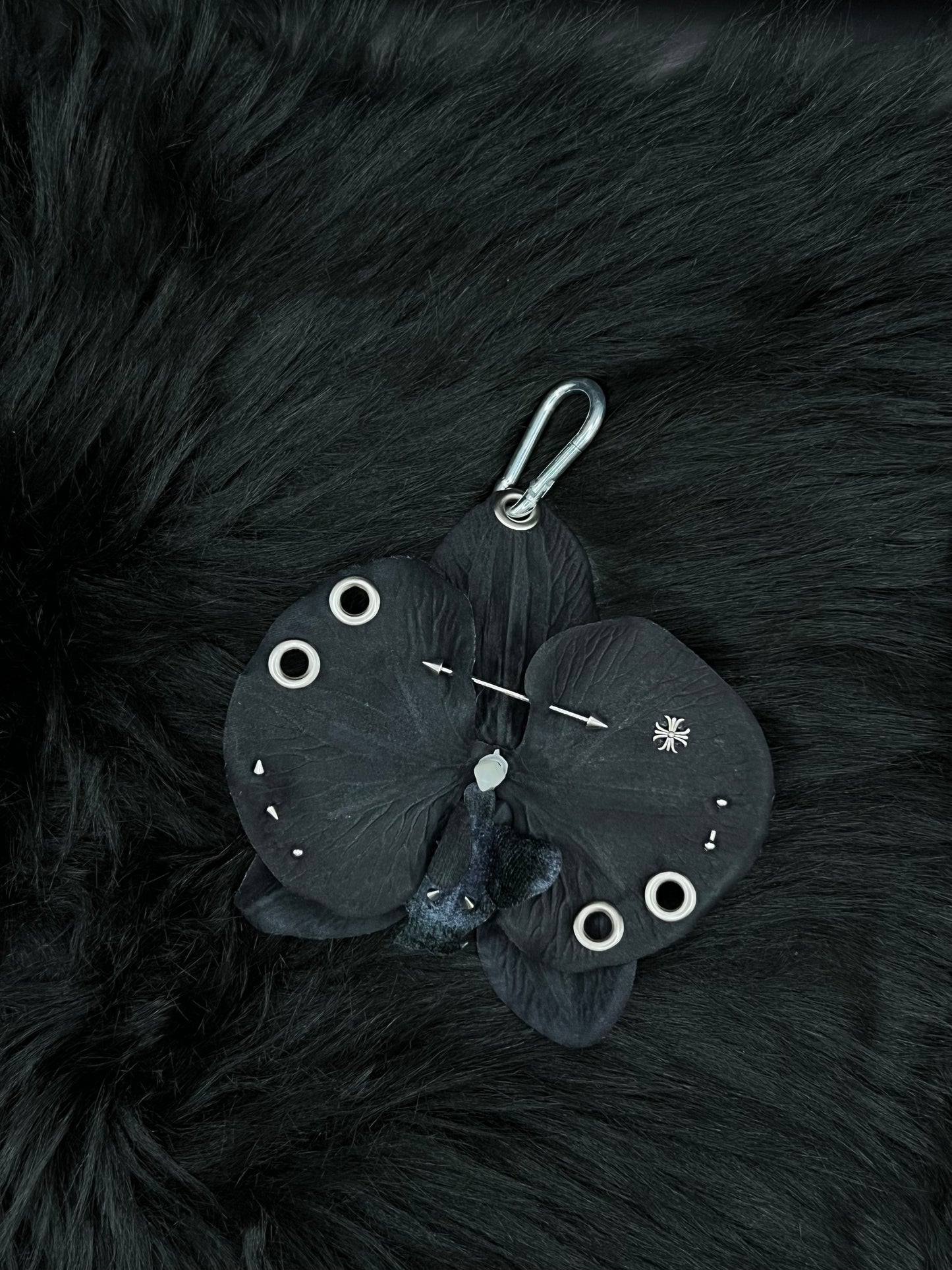 Black Pierced Orchid Keychain With Silver Hardware