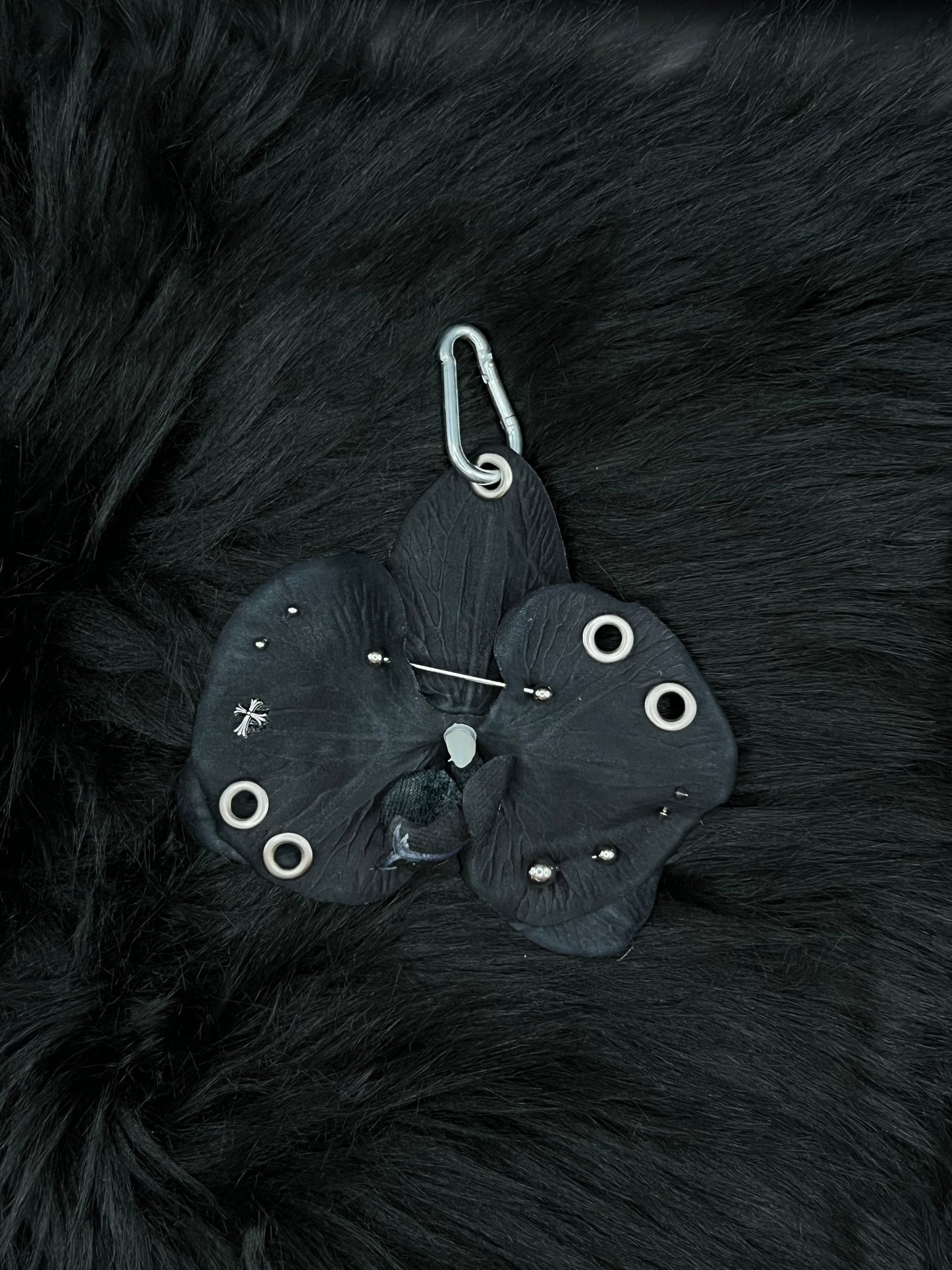Black Pierced Orchid Keychain With Silver Hardware