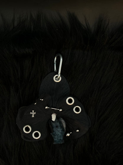 Black Pierced Orchid Keychain With Silver Hardware