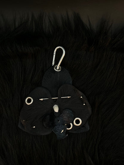 Black Pierced Orchid Keychain With Silver Hardware