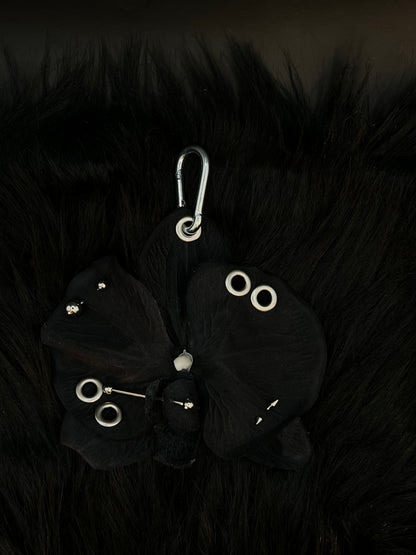 Black Pierced Orchid Keychain With Silver Hardware