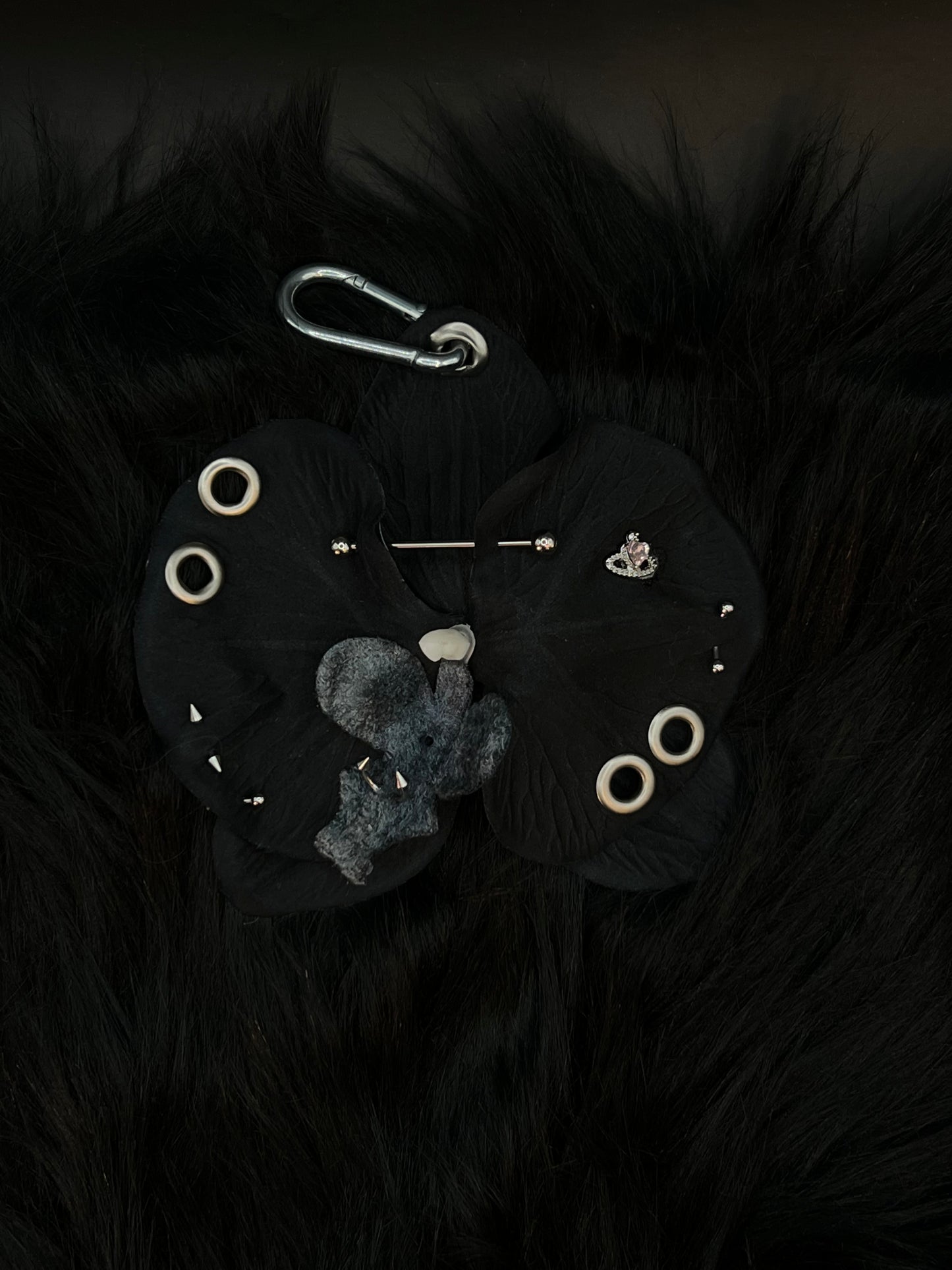 Black Pierced Orchid Keychain With Silver Hardware