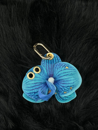 Blue Pierced Orchid Keychain With Gold Hardware