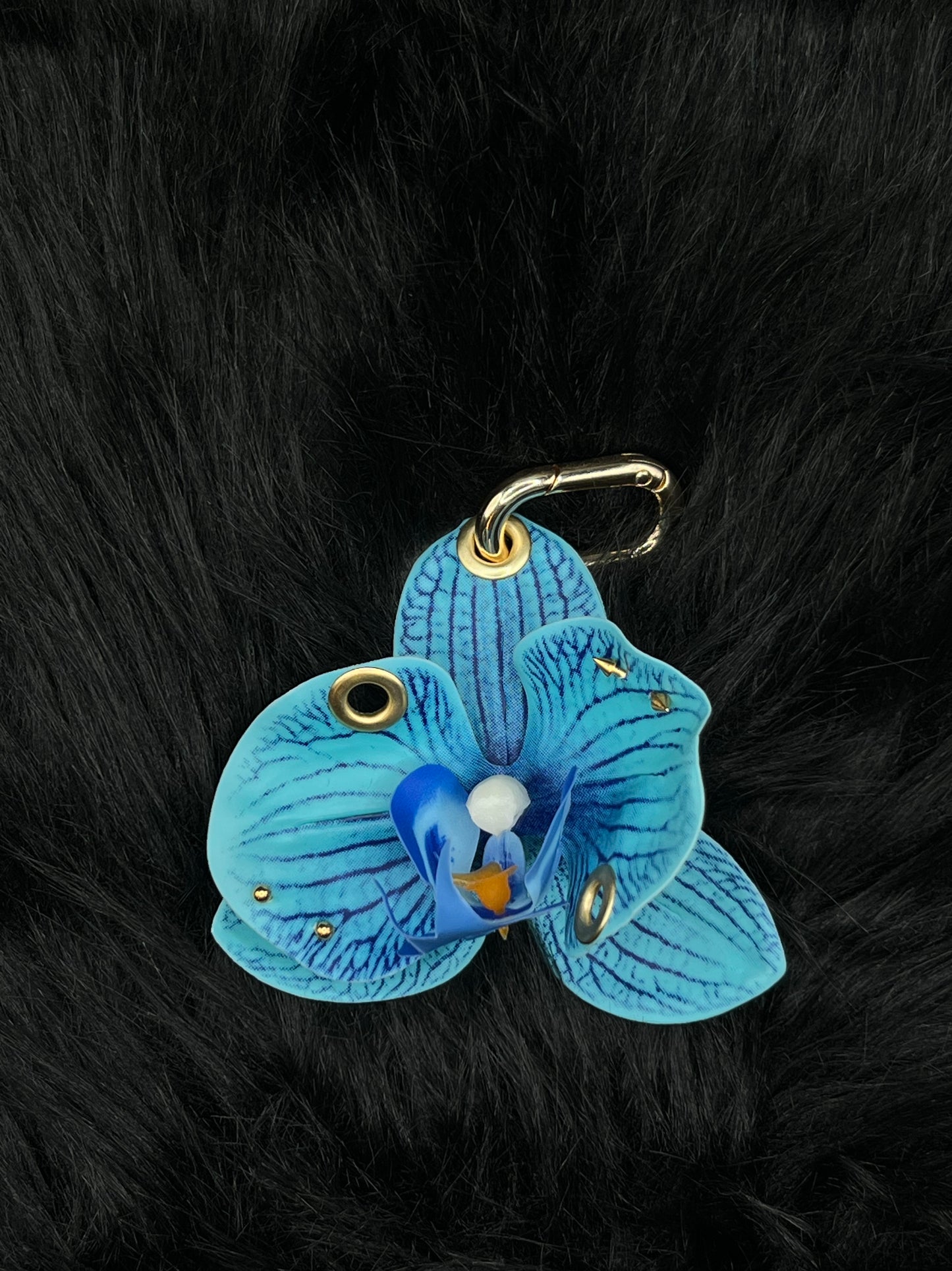 Blue Pierced Orchid Keychain With Gold Hardware