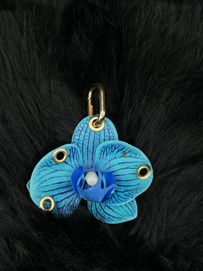 Blue Pierced Orchid Keychain With Gold Hardware