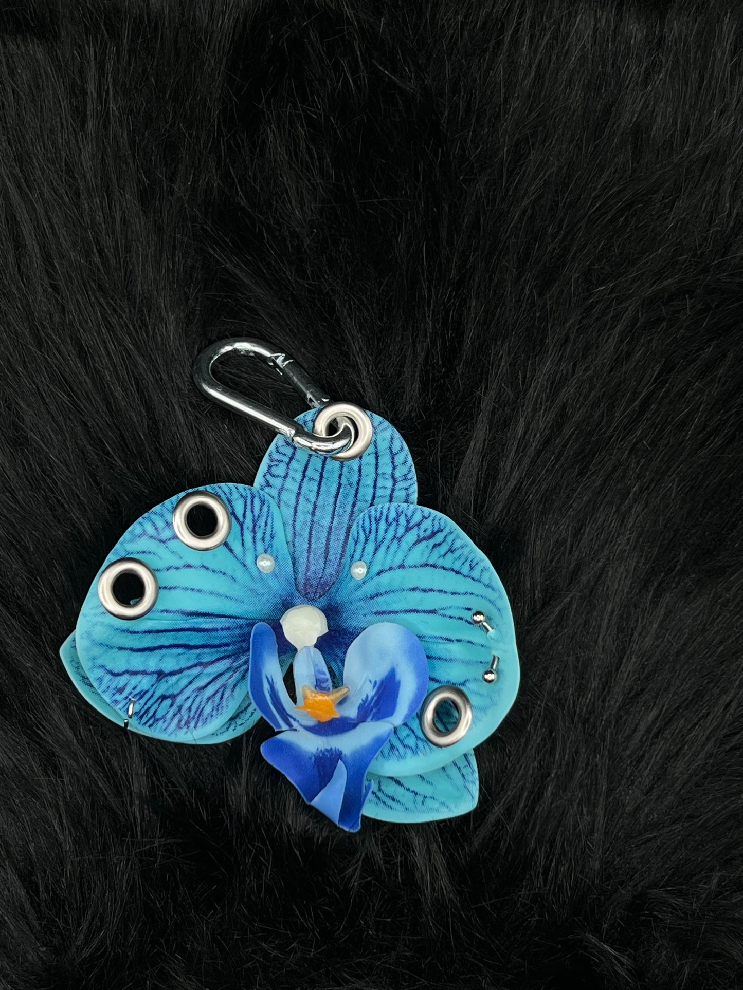 Blue Pierced Orchid Keychain With Silver Hardware