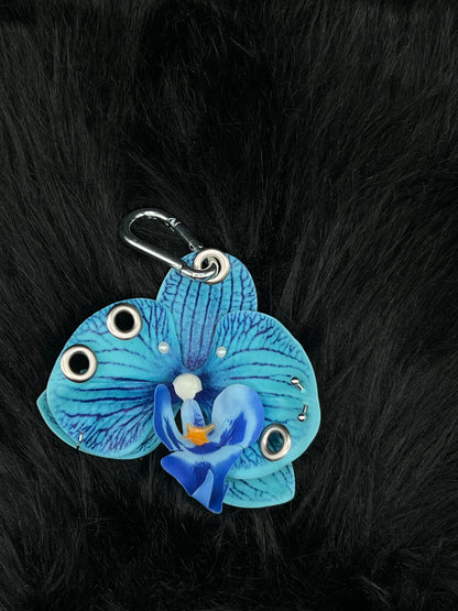 Blue Pierced Orchid Keychain With Silver Hardware