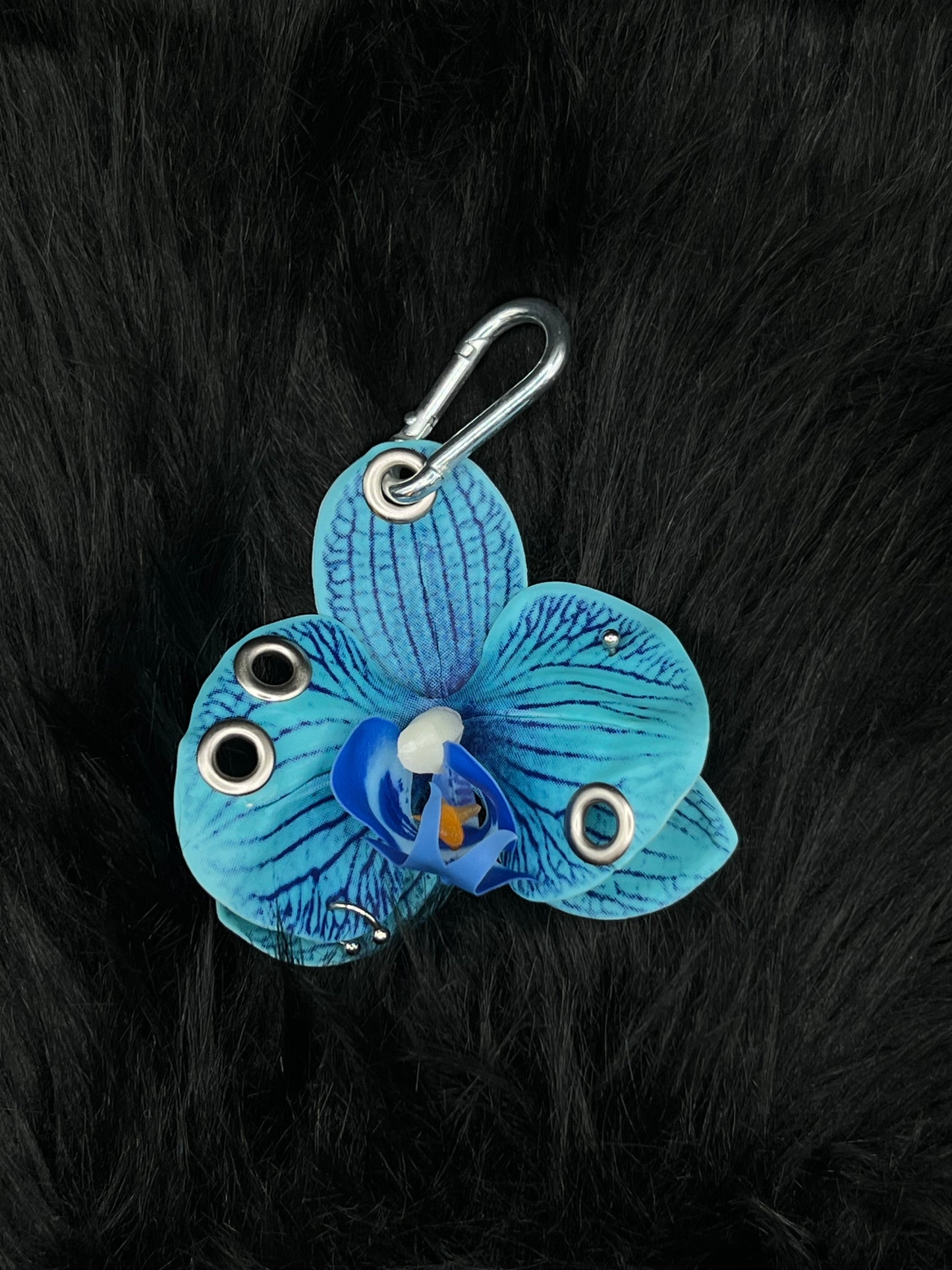 Blue Pierced Orchid Keychain With Silver Hardware