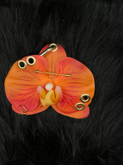 Orange Pierced Orchid Keychain With Gold Hardware